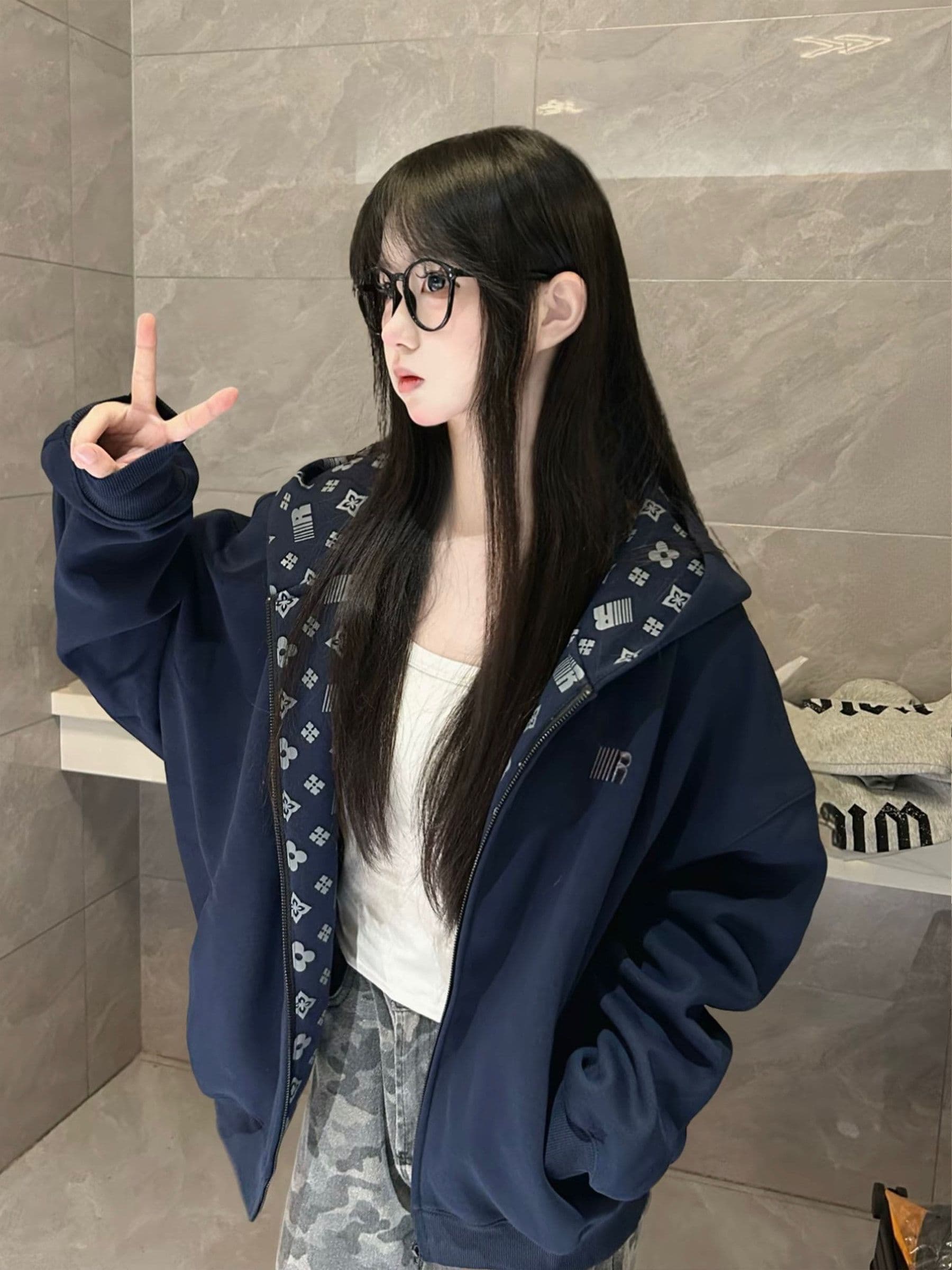 원본 것 자수 인사이드 펌프 아메리칸 레트로 오픈 가디건 여성 코트 가을 지퍼 후드 맨위 상세 이미지 4