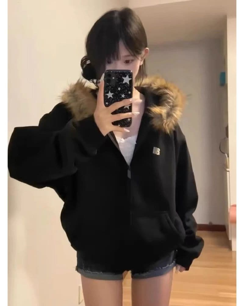 예약하기 섹션 310 크 털이 있는 400g 큰 모피 칼라 탈착식 한국 스타일 후드티 여성 조수 브랜드 재킷