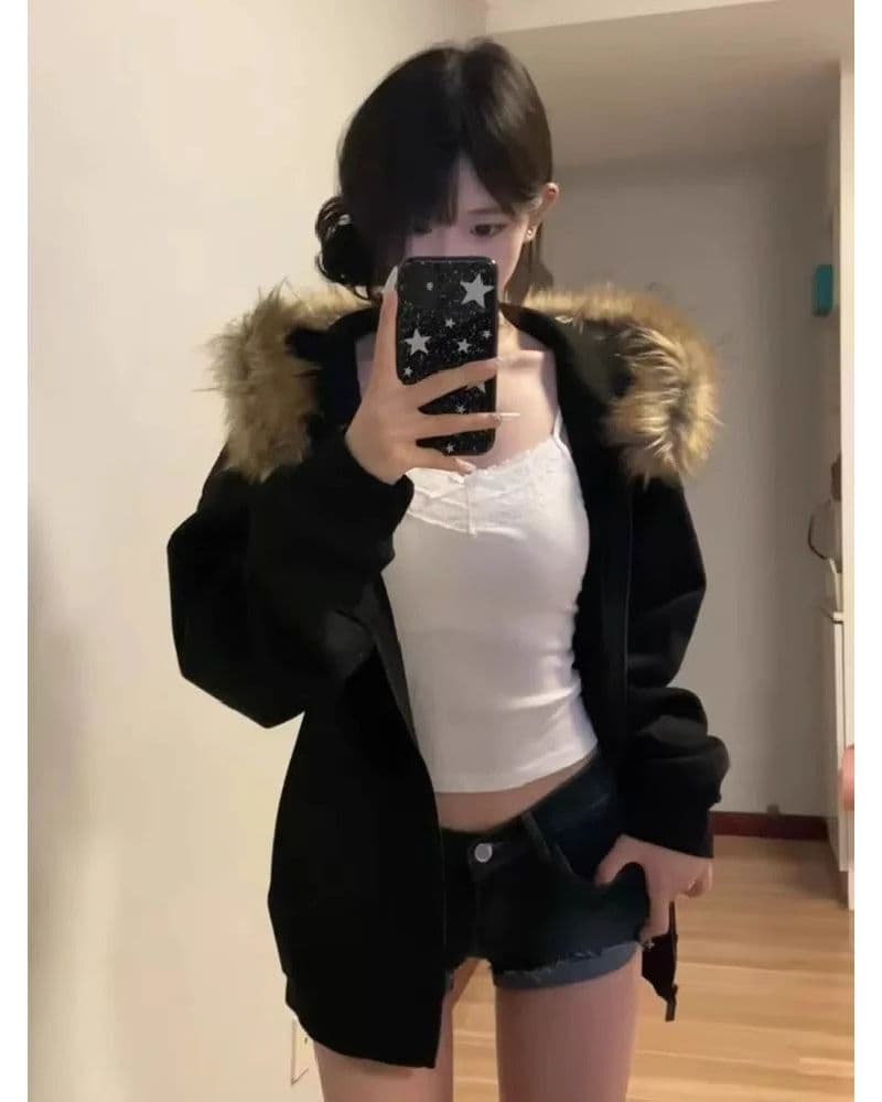 예약하기 섹션 310 크 털이 있는 400g 큰 모피 칼라 탈착식 한국 스타일 후드티 여성 조수 브랜드 재킷 이미지 2