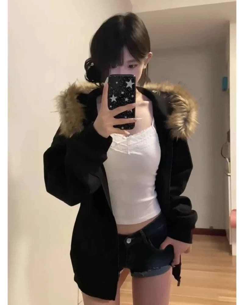 예약하기 섹션 310 크 털이 있는 400g 큰 모피 칼라 탈착식 한국 스타일 후드티 여성 조수 브랜드 재킷 이미지 4