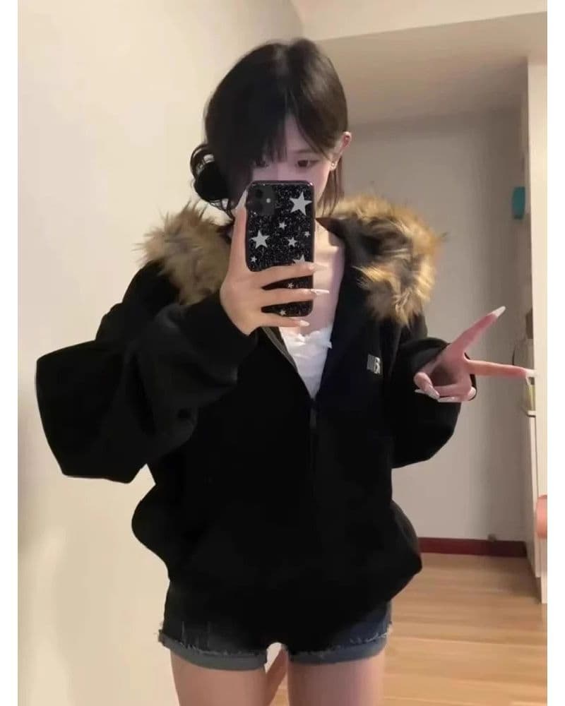예약하기 섹션 310 크 털이 있는 400g 큰 모피 칼라 탈착식 한국 스타일 후드티 여성 조수 브랜드 재킷 이미지 3