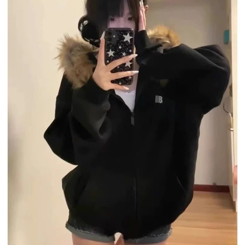 예약하기 섹션 310 크 털이 있는 400g 큰 모피 칼라 탈착식 한국 스타일 후드티 여성 조수 브랜드 재킷 이미지 5