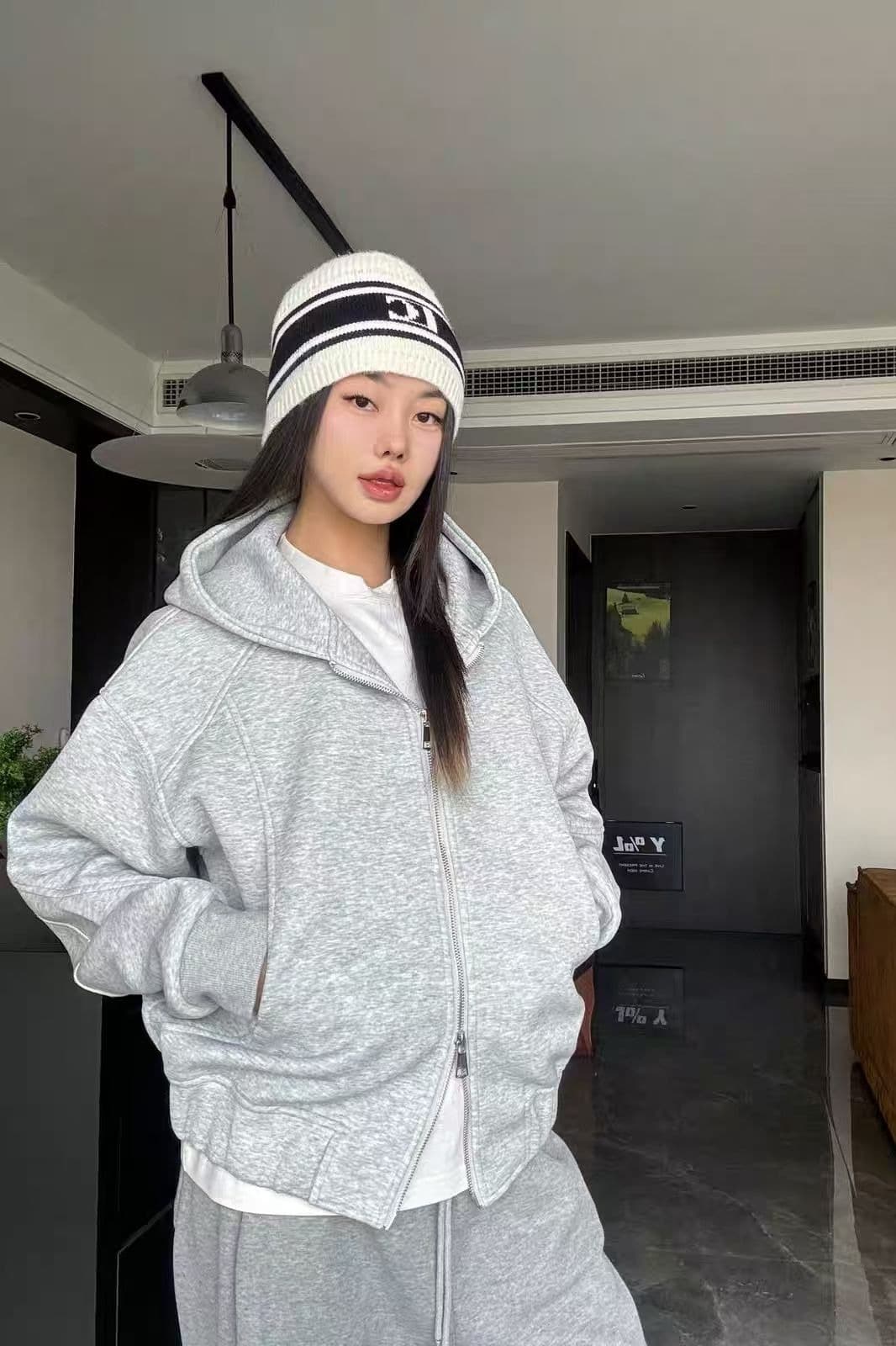 원본 원단 회색 후드 티 스웨터 짧은 여성 코트 봄 가을 디자인 센스 가을 착용 가져 가라. 한 첨부 된 의류 이미지 6