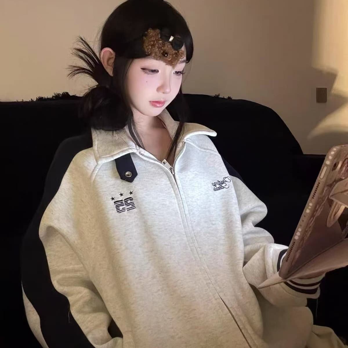 원본 원단 아메리칸 레트로 배색 삽입 어깨 소매 후드티 여성 코트 봄 가을 루즈핏 재킷 맨위 이미지 5