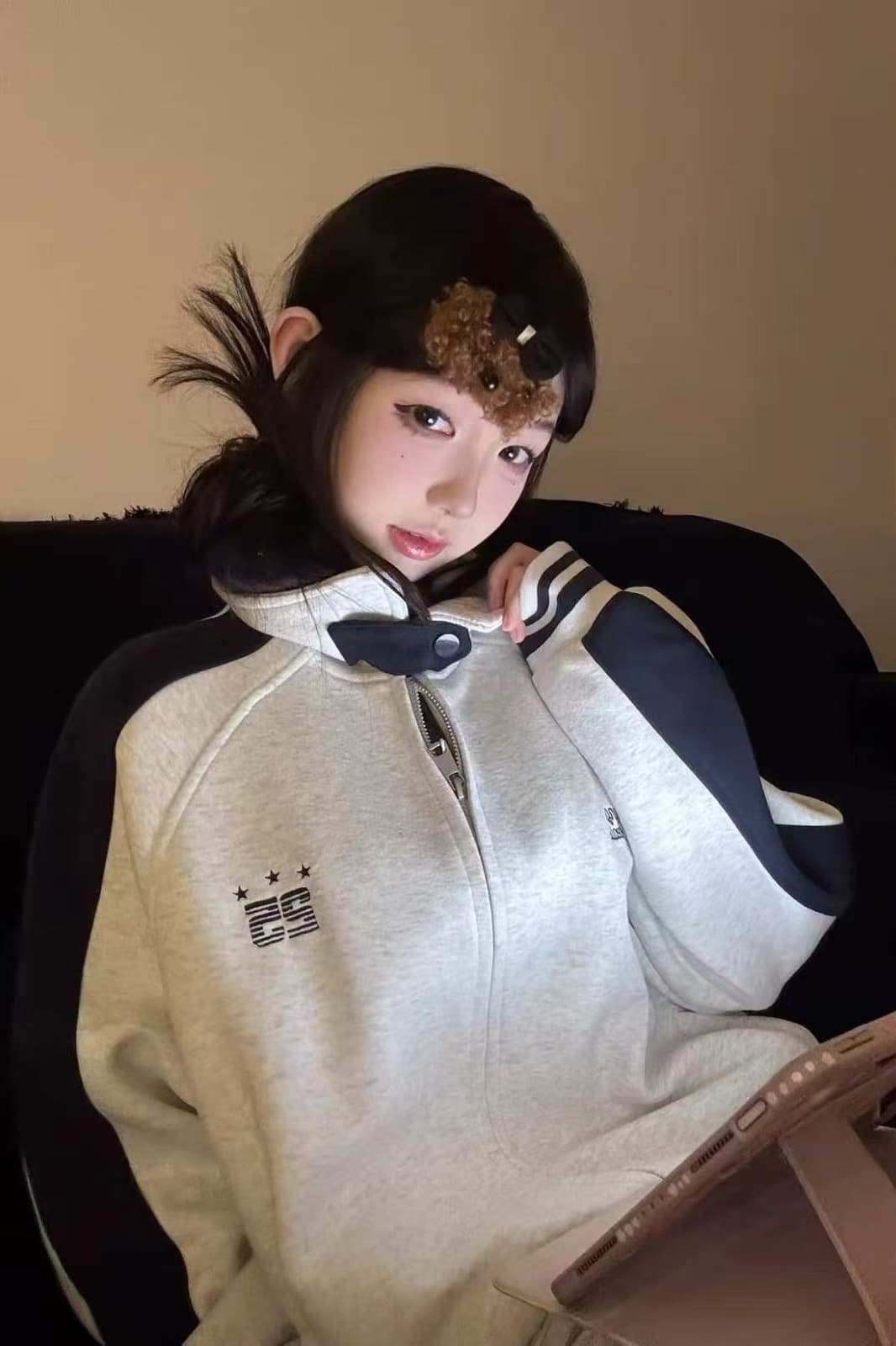 원본 원단 아메리칸 레트로 배색 삽입 어깨 소매 후드티 여성 코트 봄 가을 루즈핏 재킷 맨위 이미지 6