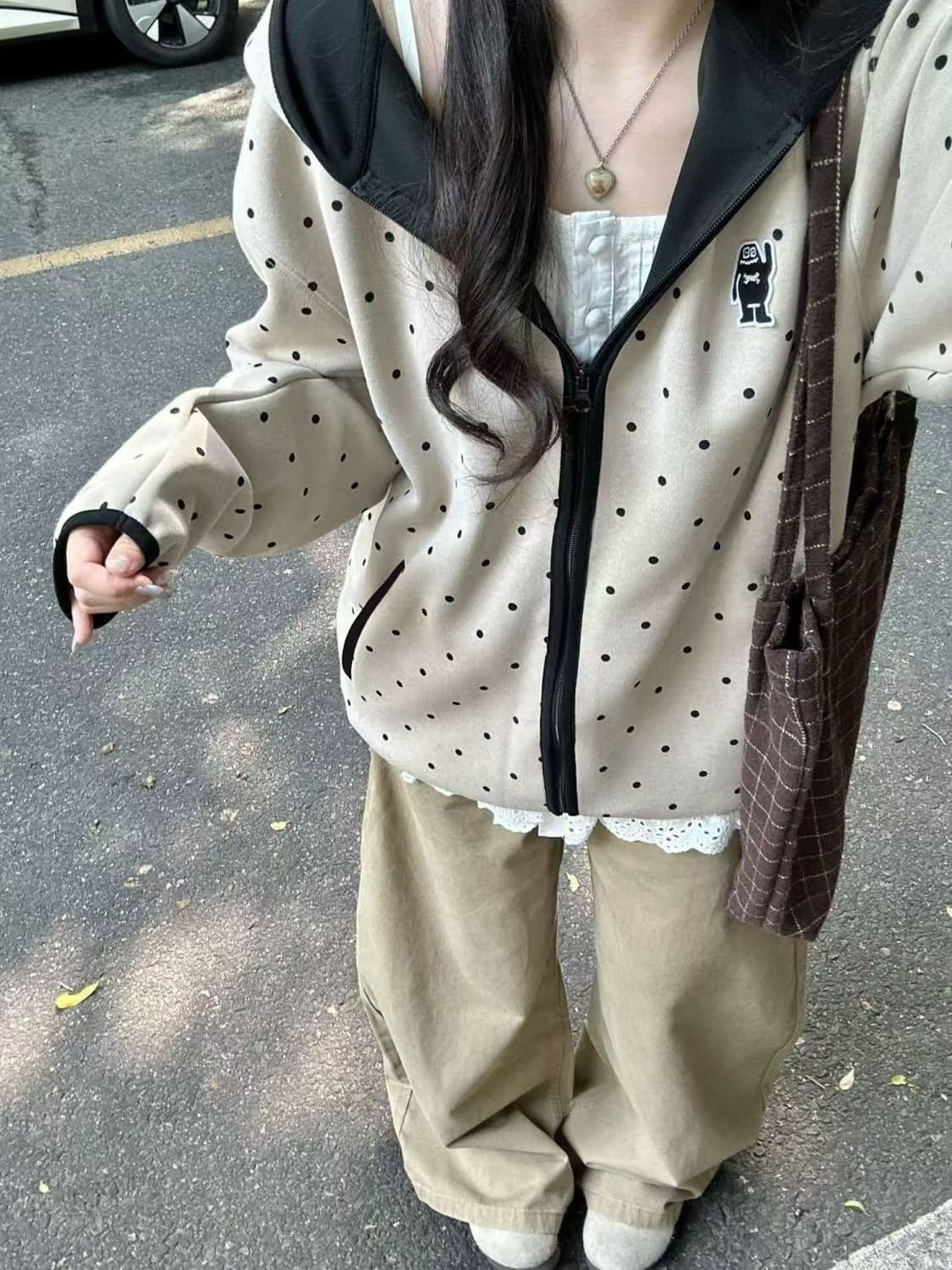 후아 면 복합 레트로 도트 무늬 자수 후드 오픈 가디건 후드티 여성 가을 겨울 새로운 캐주얼 루즈핏 검은 색 테두리 재킷
