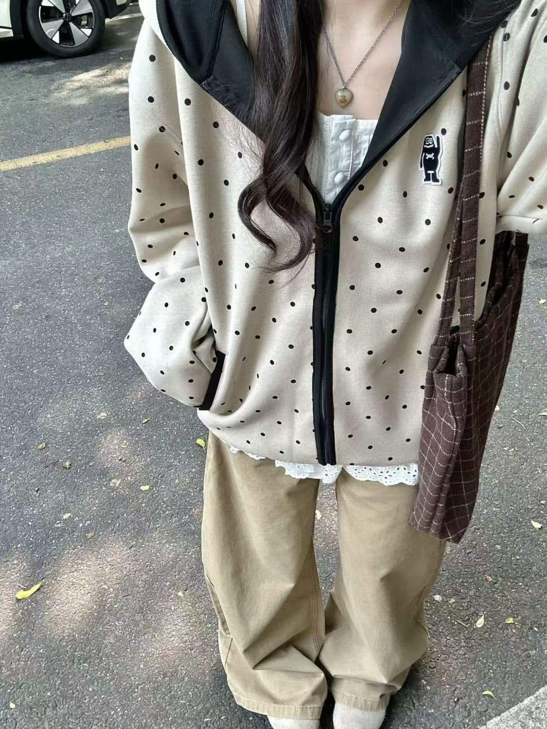 후아 면 복합 레트로 도트 무늬 자수 후드 오픈 가디건 후드티 여성 가을 겨울 새로운 캐주얼 루즈핏 검은 색 테두리 재킷 상세 이미지 4