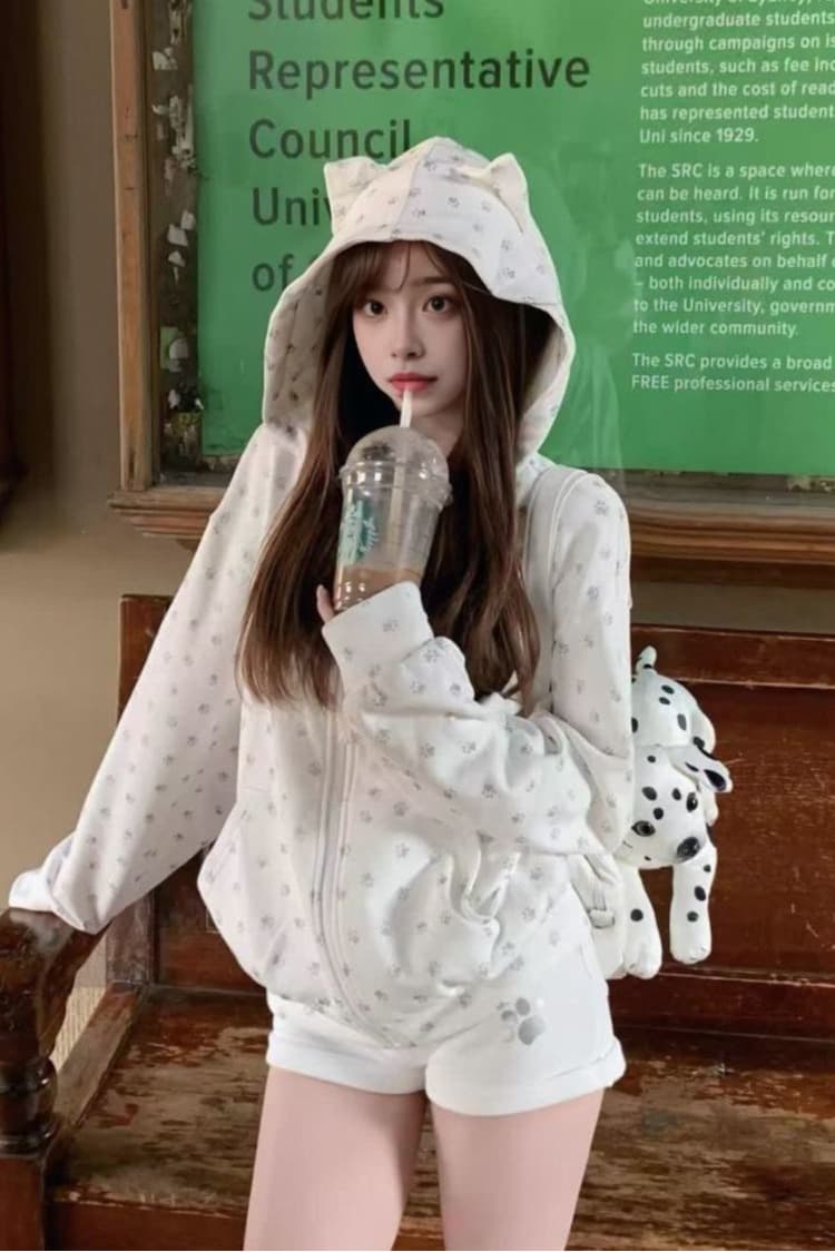 얇은 스타일 털이 있는 원본 은 분말 프린트 귀여운 새끼 고양이 귀 후드 오픈 가디건 후드티 여성 봄 가을 재킷 이미지 5