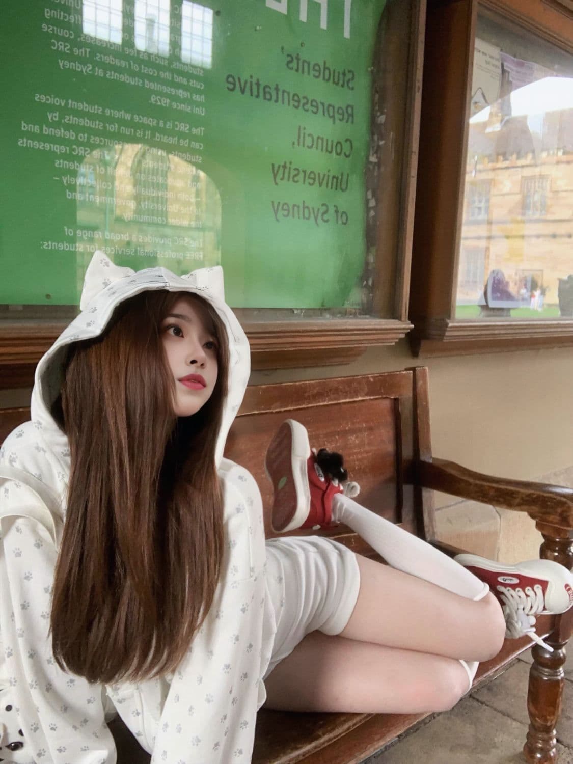 얇은 스타일 털이 있는 원본 은 분말 프린트 귀여운 새끼 고양이 귀 후드 오픈 가디건 후드티 여성 봄 가을 재킷 상세 이미지 5