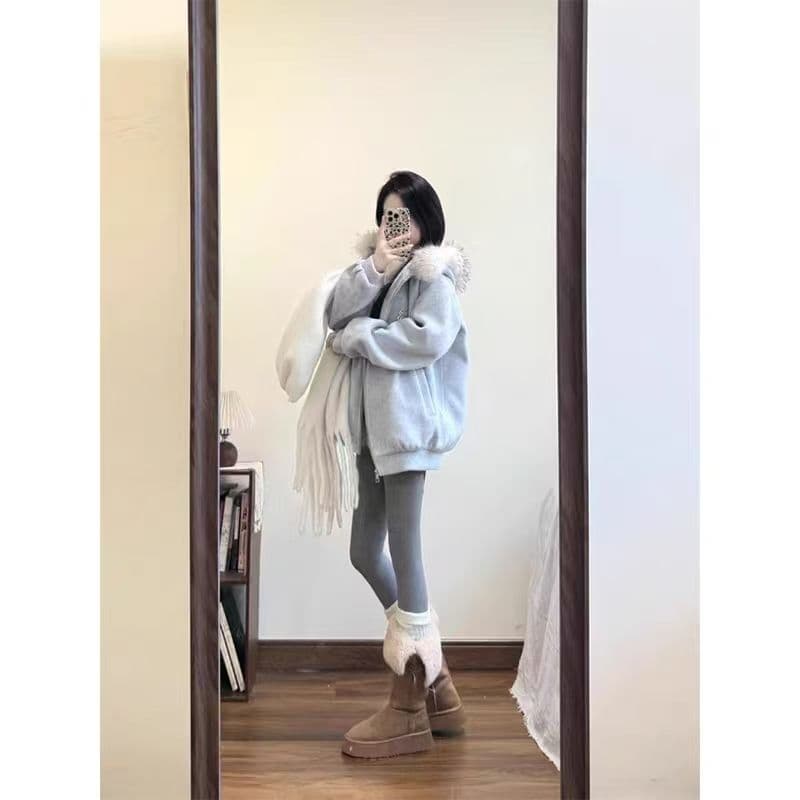 예약하기 섹션 310 크 털이 있는 400g 큰 모피 칼라 탈착식 가을 겨울 한국 스타일 새로운 후드티 여성 재킷 상세 이미지 4