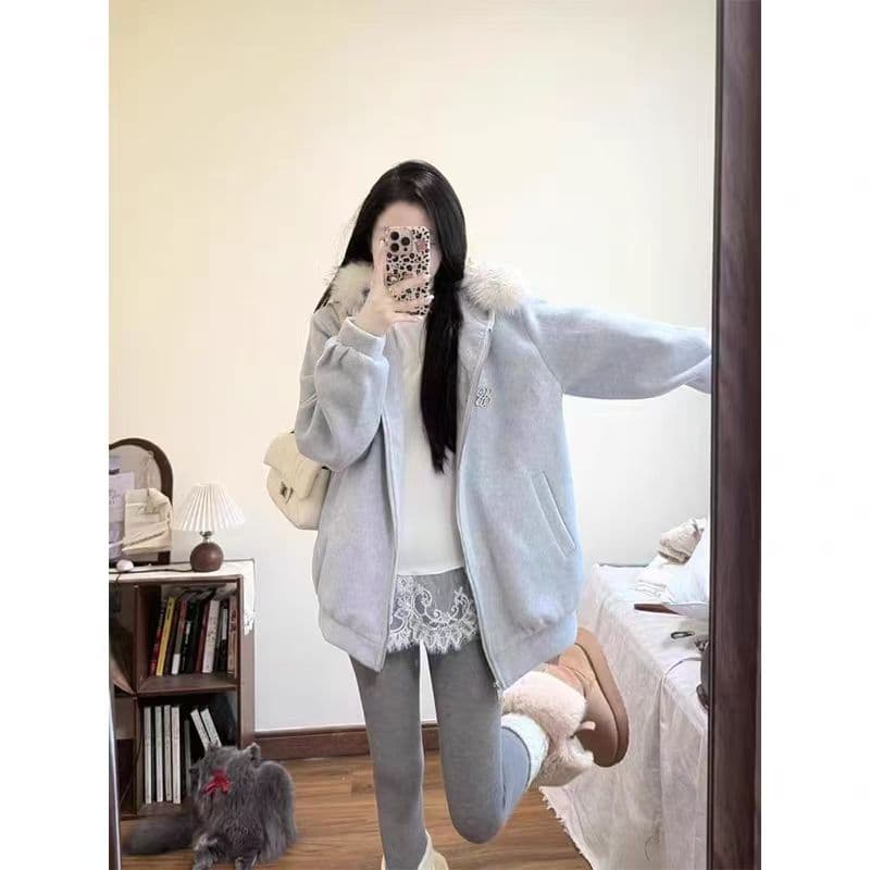 예약하기 섹션 310 크 털이 있는 400g 큰 모피 칼라 탈착식 가을 겨울 한국 스타일 새로운 후드티 여성 재킷 상세 이미지 5