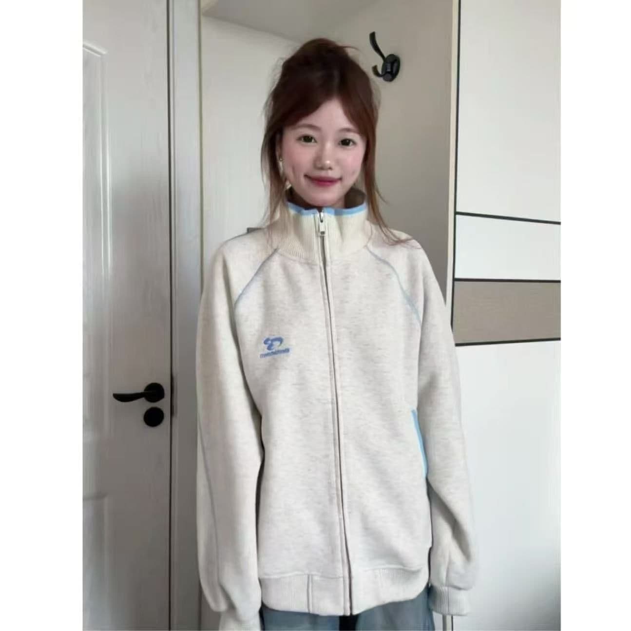 아메리칸 높음 거리 가을 겨울철 달콤함 명시적 스티치 패치워크 배색 스탠드 칼라 후드티 여성 슈퍼 화재 루즈핏 자수 카디건 코트 상세 이미지 4