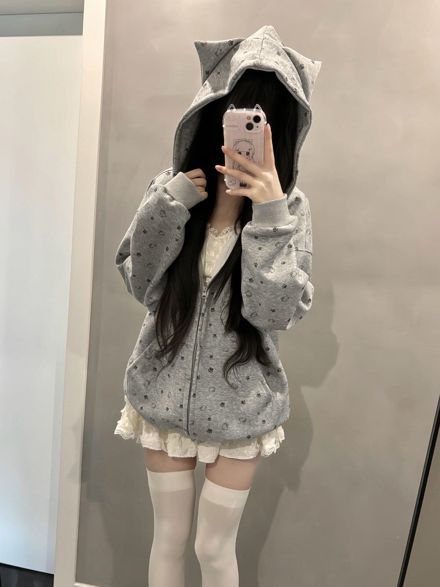 원본 원단 핫걸 아메리칸 레트로 클로 클로 고양이 전체 인쇄 후드 오픈 가디건 커플 캐주얼 모자 셔츠 여성 재킷