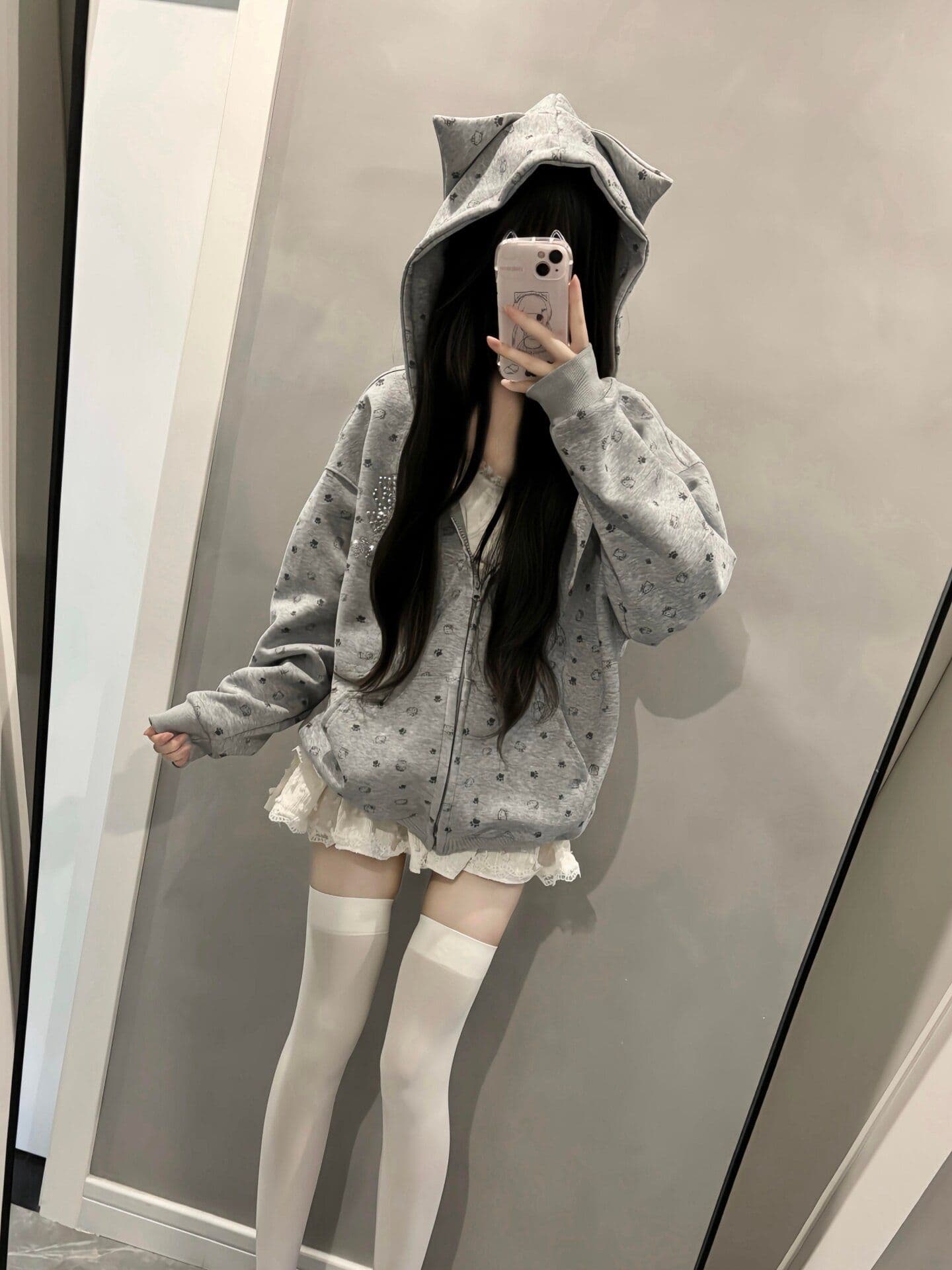 원본 원단 핫걸 아메리칸 레트로 클로 클로 고양이 전체 인쇄 후드 오픈 가디건 커플 캐주얼 모자 셔츠 여성 재킷 이미지 3