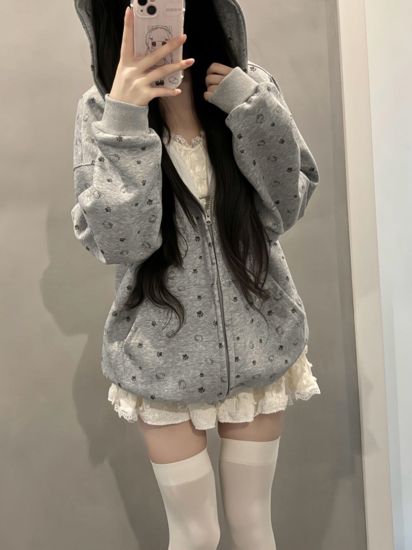 원본 원단 핫걸 아메리칸 레트로 클로 클로 고양이 전체 인쇄 후드 오픈 가디건 커플 캐주얼 모자 셔츠 여성 재킷 상세 이미지 6