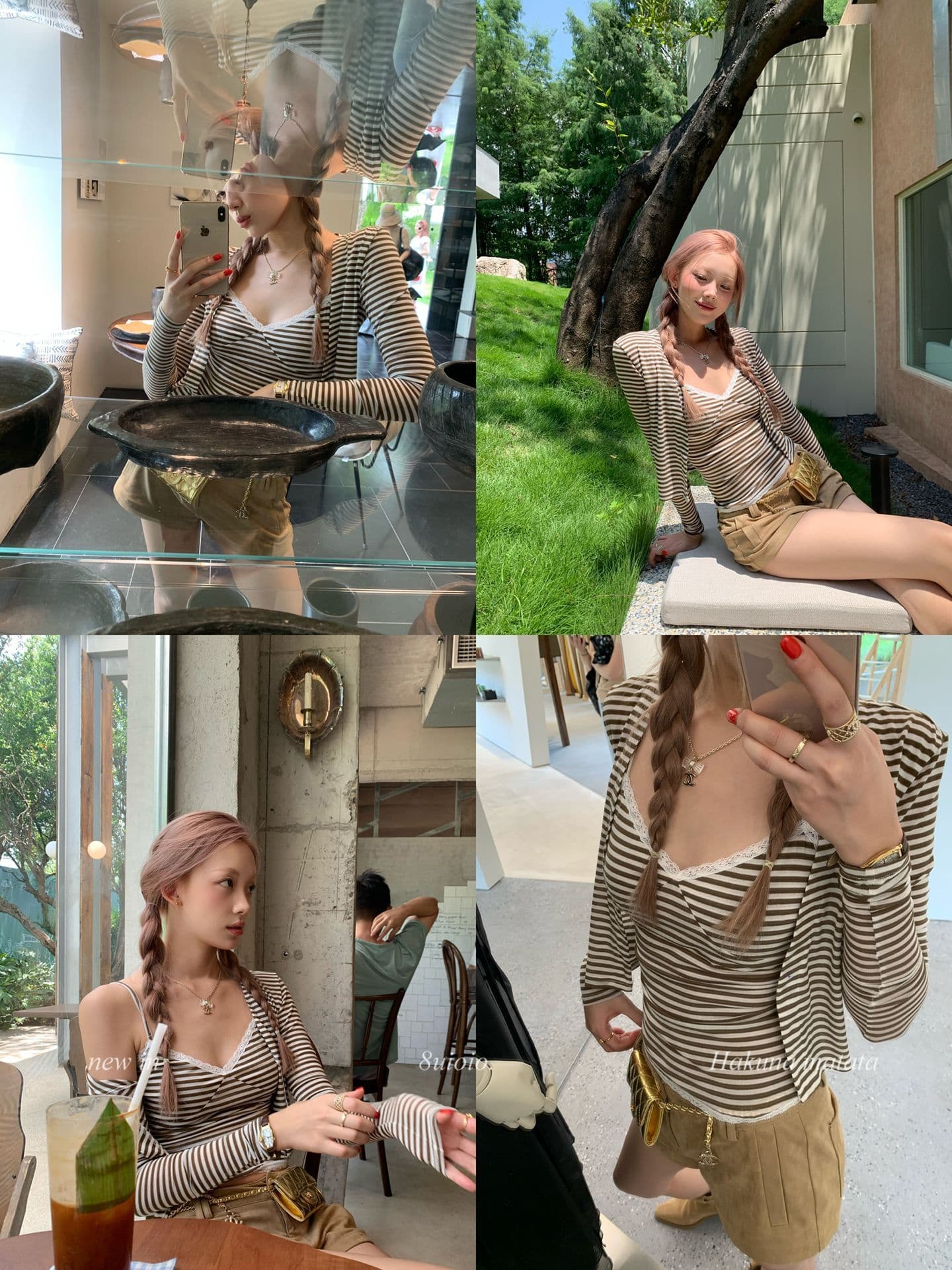 주간 실크 스트라이프 이른 가을 한 부서 캐미솔 오픈 가디건 두 조각 여성 세트 가을 핫걸 긴팔 쇼트 스타일 맨위 세트 이미지 3