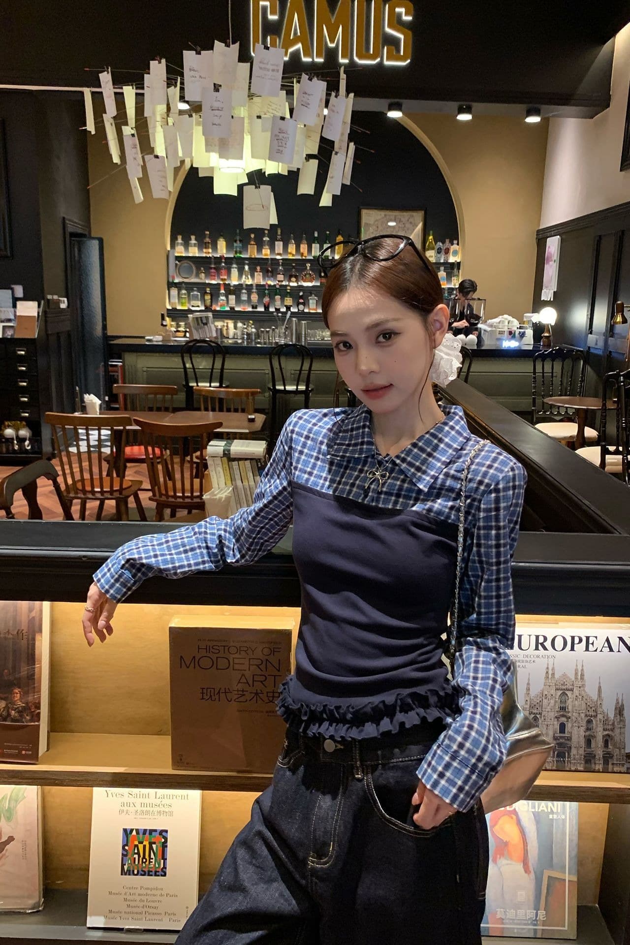 면 100% 체크무늬 레트로 학원 스타일 패치워크 페이크 레이어드 긴팔 티셔츠 여성 디자인 센스 몸매 가꾸기 슬림해 보이는 작은 대중 맨위 이미지 6