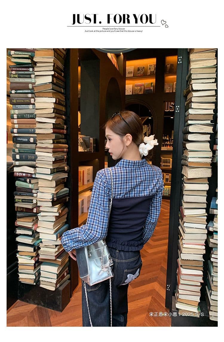 면 100% 체크무늬 레트로 학원 스타일 패치워크 페이크 레이어드 긴팔 티셔츠 여성 디자인 센스 몸매 가꾸기 슬림해 보이는 작은 대중 맨위 상세 이미지 1