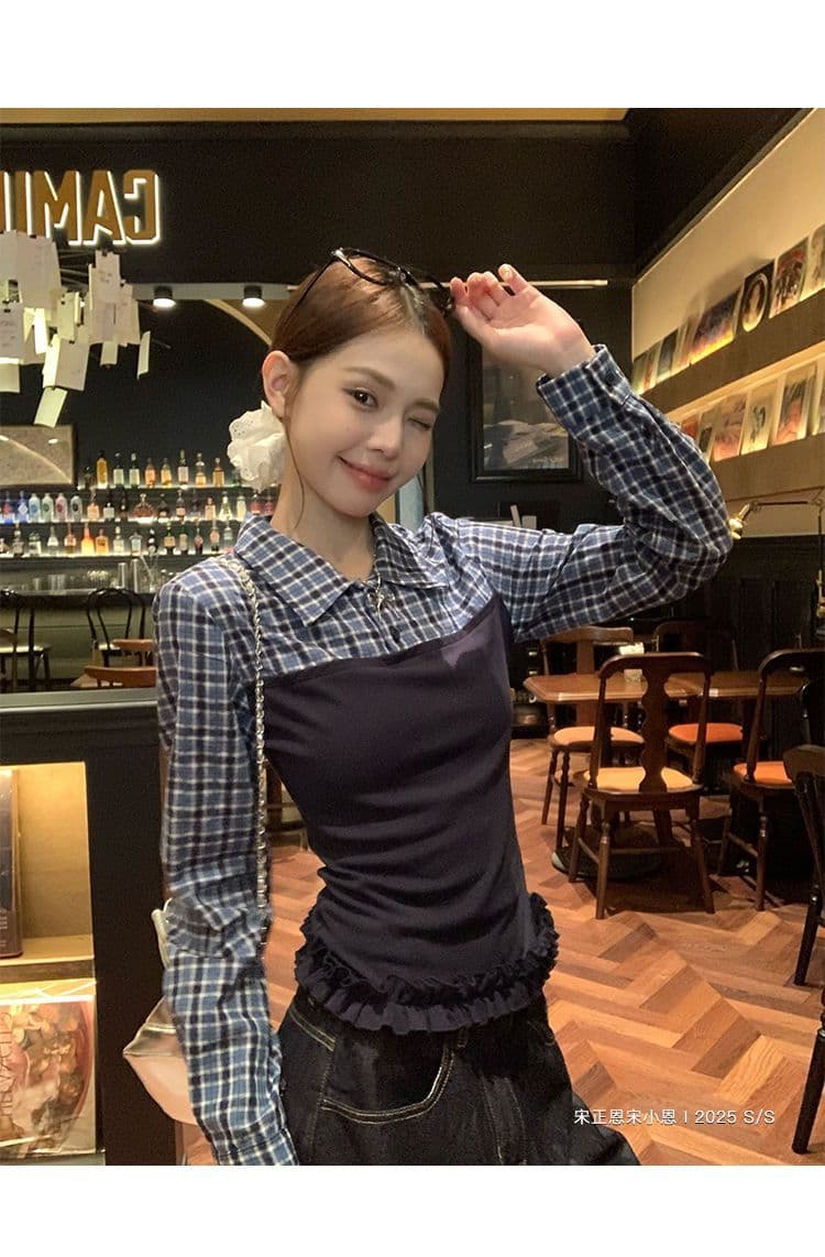 면 100% 체크무늬 레트로 학원 스타일 패치워크 페이크 레이어드 긴팔 티셔츠 여성 디자인 센스 몸매 가꾸기 슬림해 보이는 작은 대중 맨위 상세 이미지 4