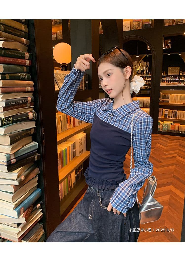 면 100% 체크무늬 레트로 학원 스타일 패치워크 페이크 레이어드 긴팔 티셔츠 여성 디자인 센스 몸매 가꾸기 슬림해 보이는 작은 대중 맨위 상세 이미지 5