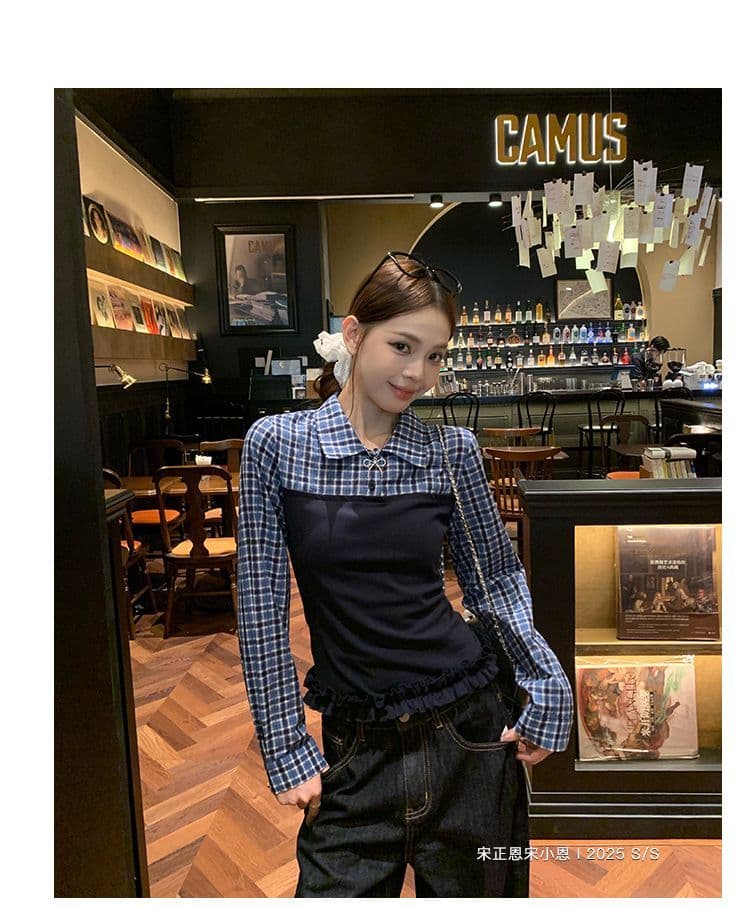 면 100% 체크무늬 레트로 학원 스타일 패치워크 페이크 레이어드 긴팔 티셔츠 여성 디자인 센스 몸매 가꾸기 슬림해 보이는 작은 대중 맨위 상세 이미지 6