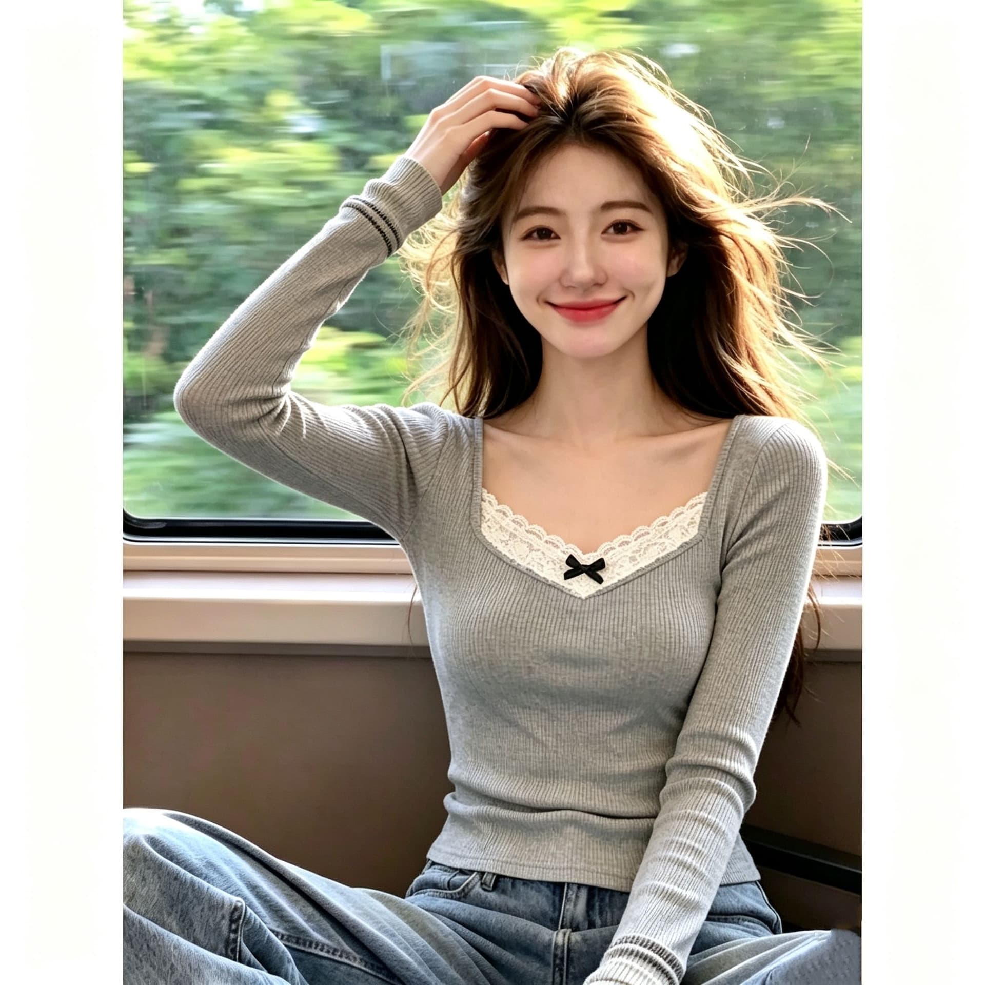 순수한 욕망 바람 레이스 측면 나비 매듭 광장 칼라 긴팔 티셔츠 여성 가을 디자인 센스 작은 대중 몸매 가꾸기 핫걸 만나는 맨위 이미지 4