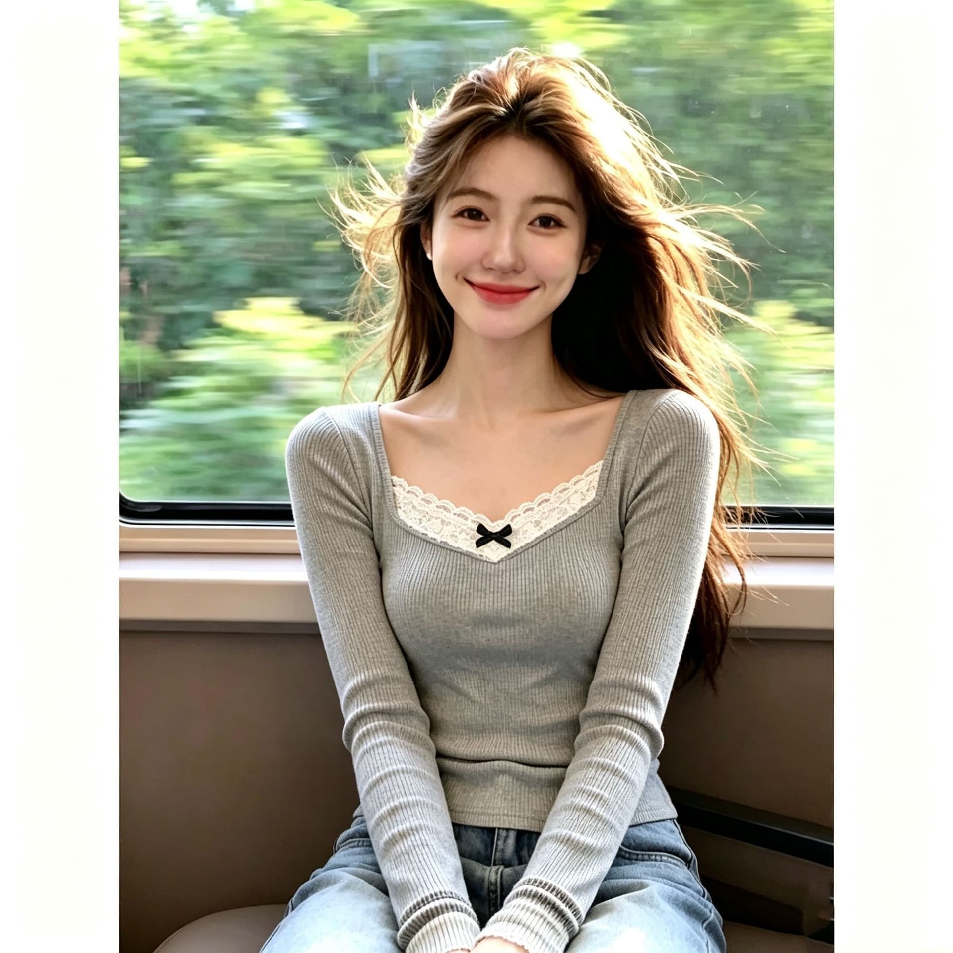 순수한 욕망 바람 레이스 측면 나비 매듭 광장 칼라 긴팔 티셔츠 여성 가을 디자인 센스 작은 대중 몸매 가꾸기 핫걸 만나는 맨위 이미지 3