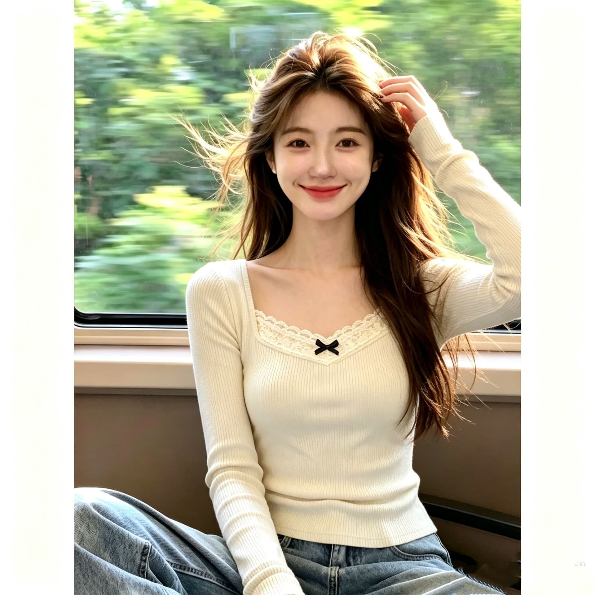 순수한 욕망 바람 레이스 측면 나비 매듭 광장 칼라 긴팔 티셔츠 여성 가을 디자인 센스 작은 대중 몸매 가꾸기 핫걸 만나는 맨위 상세 이미지 4