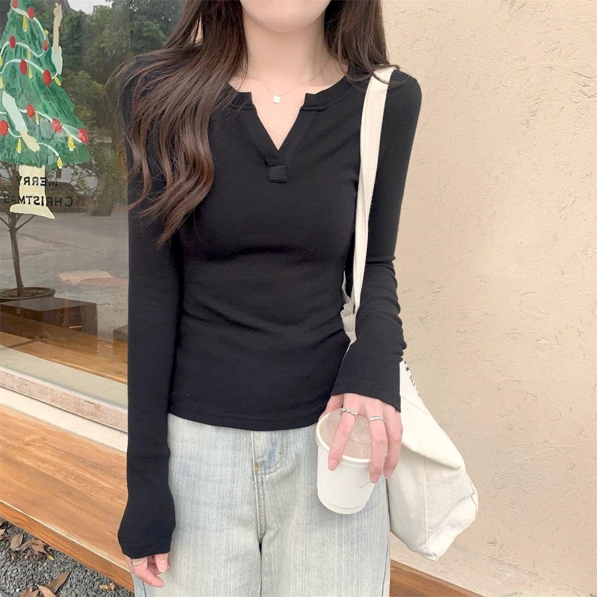 92 면 8 암모니아 Lun 220 그램 핫걸 한 부서 긴팔 티셔츠 여성 조기 가을 몸매 가꾸기 슬림해 보이는 기초 섹션 다용도 맨위 이미지 3