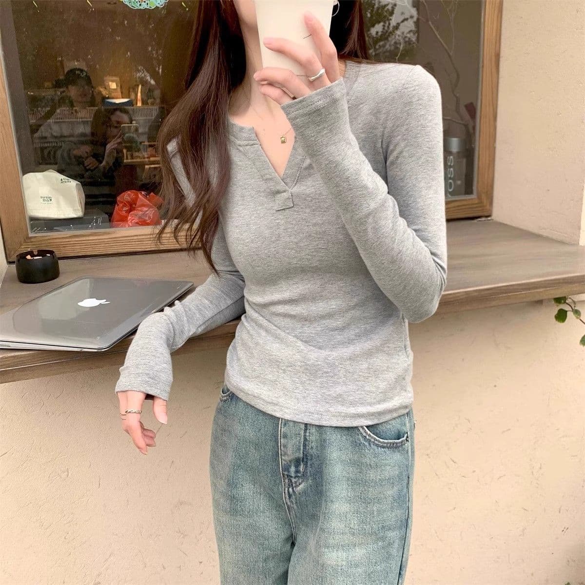 92 면 8 암모니아 Lun 220 그램 핫걸 한 부서 긴팔 티셔츠 여성 조기 가을 몸매 가꾸기 슬림해 보이는 기초 섹션 다용도 맨위 상세 이미지 2