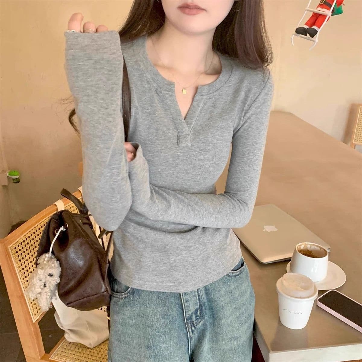 92 면 8 암모니아 Lun 220 그램 핫걸 한 부서 긴팔 티셔츠 여성 조기 가을 몸매 가꾸기 슬림해 보이는 기초 섹션 다용도 맨위 상세 이미지 9
