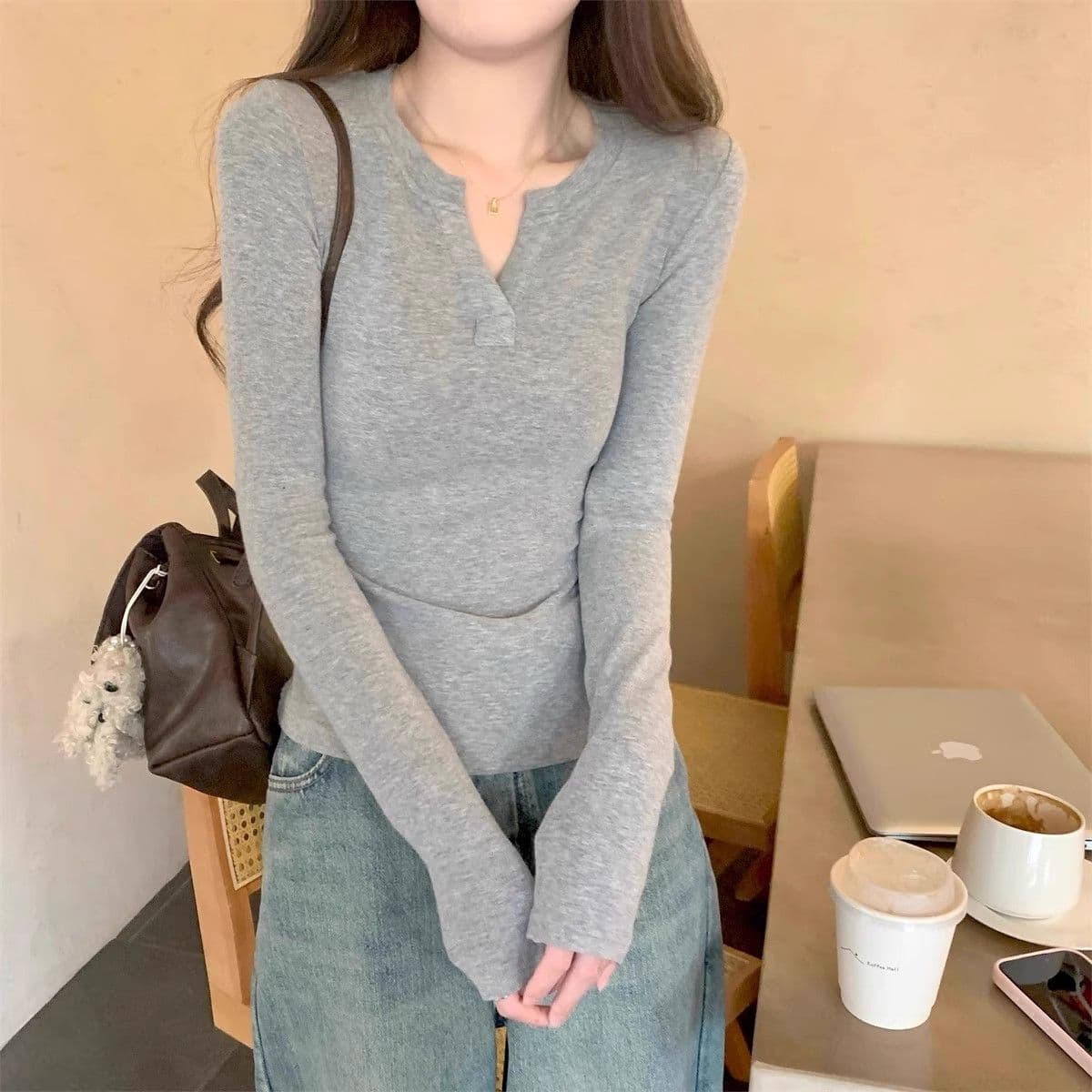 92 면 8 암모니아 Lun 220 그램 핫걸 한 부서 긴팔 티셔츠 여성 조기 가을 몸매 가꾸기 슬림해 보이는 기초 섹션 다용도 맨위 상세 이미지 11