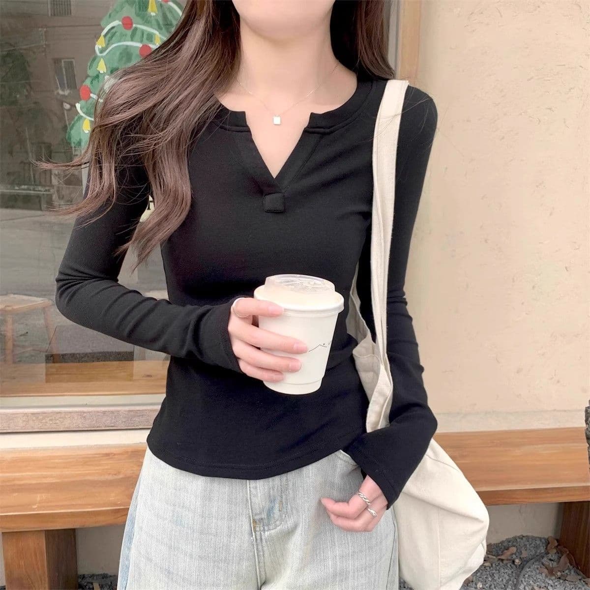 92 면 8 암모니아 Lun 220 그램 핫걸 한 부서 긴팔 티셔츠 여성 조기 가을 몸매 가꾸기 슬림해 보이는 기초 섹션 다용도 맨위 상세 이미지 23