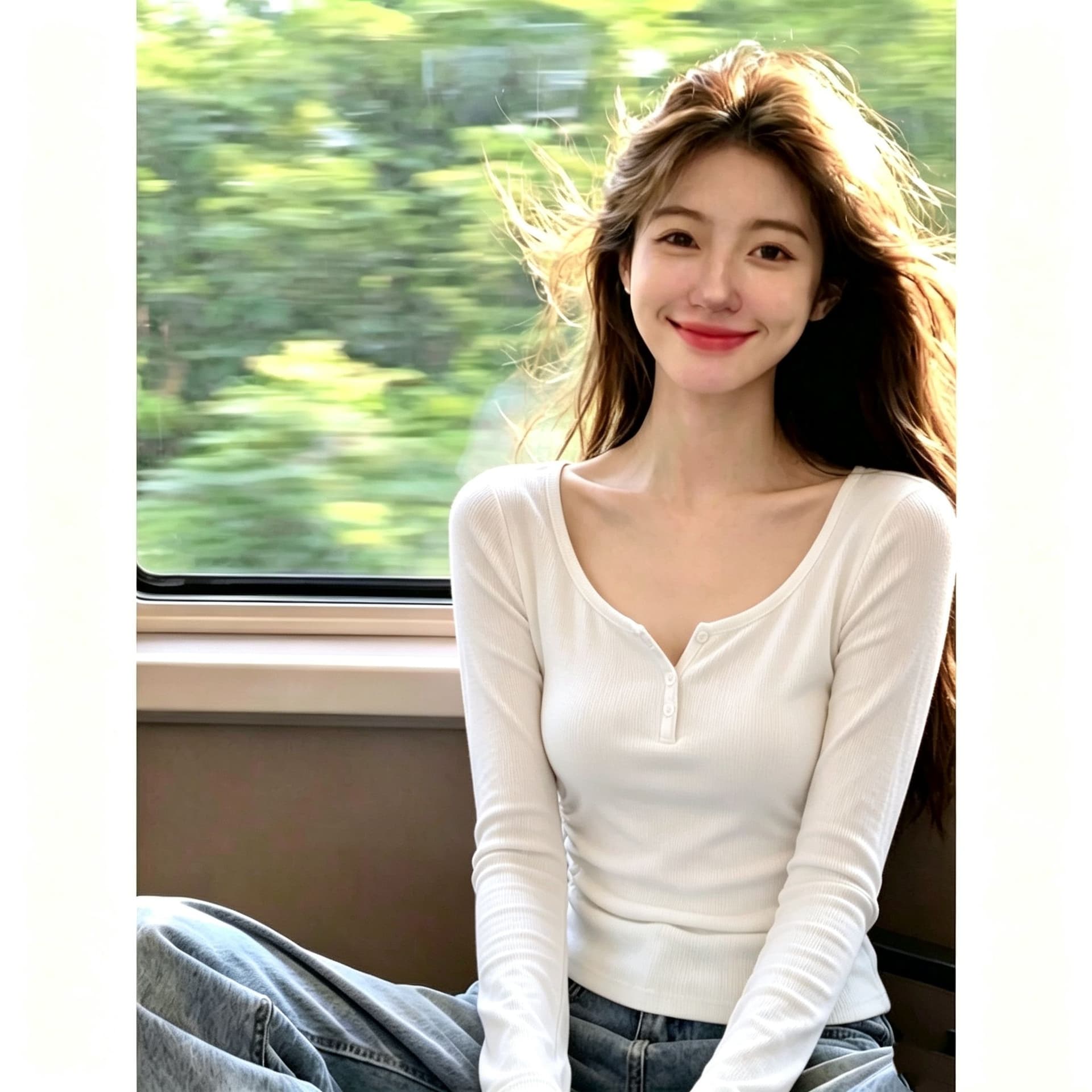 모달 사람들 면 260 그램 핫걸 순수한 욕망 단추 디자인 반 개방 칼라 긴팔 티셔츠 여성 가을 몸매 가꾸기 기본 셔츠