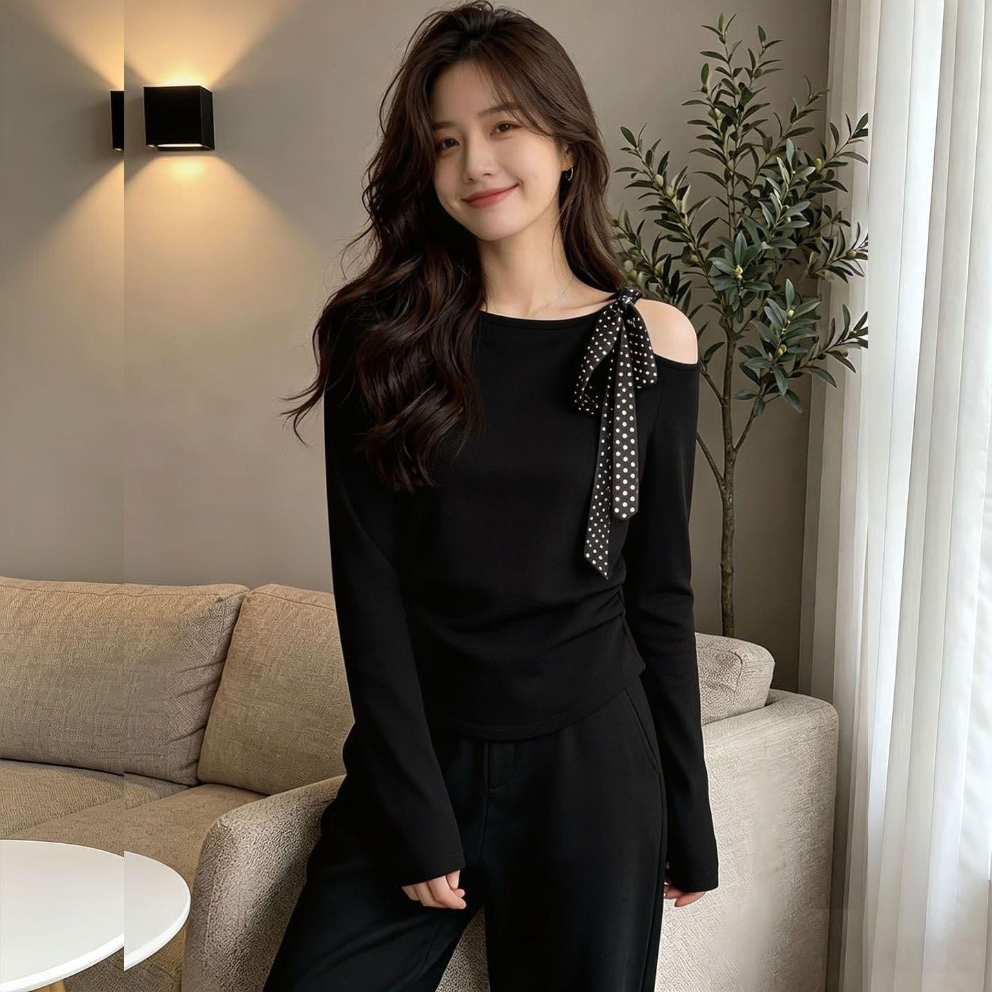 사람들 면 와 사고 방식 260 그램 핫걸 디자인 작은 대중 오프숄더 레이스업 긴팔 티셔츠 여성 가을 몸매 가꾸기 슬림해 보이는 맨위 상세 이미지 6
