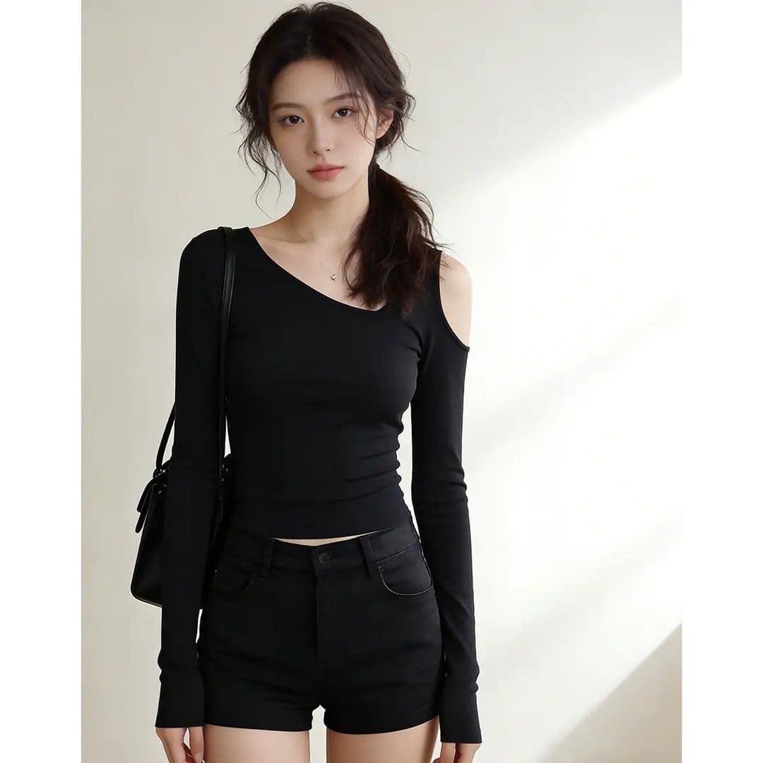 사람들 면 와 사고 방식 260 그램 핫걸 비스듬한 칼라 홀로우 아웃 긴팔 티셔츠 여성 가을 단색 다용도 품격 오프숄더 맨위 상세 이미지 2