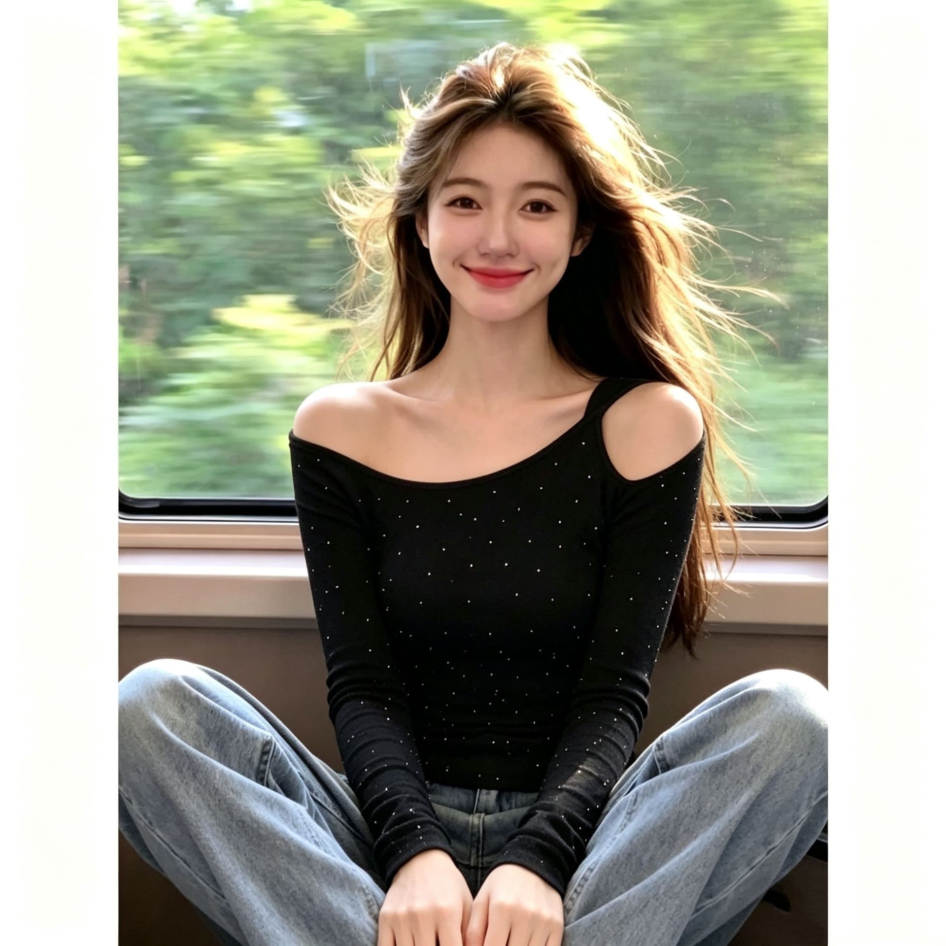 모달 사람들 면 260 그램 검정색 핫픽스 비스듬한 어깨 긴팔 티셔츠 여성 핫걸 바람 오프숄더 품격 맨위 여성 의류 이미지 3