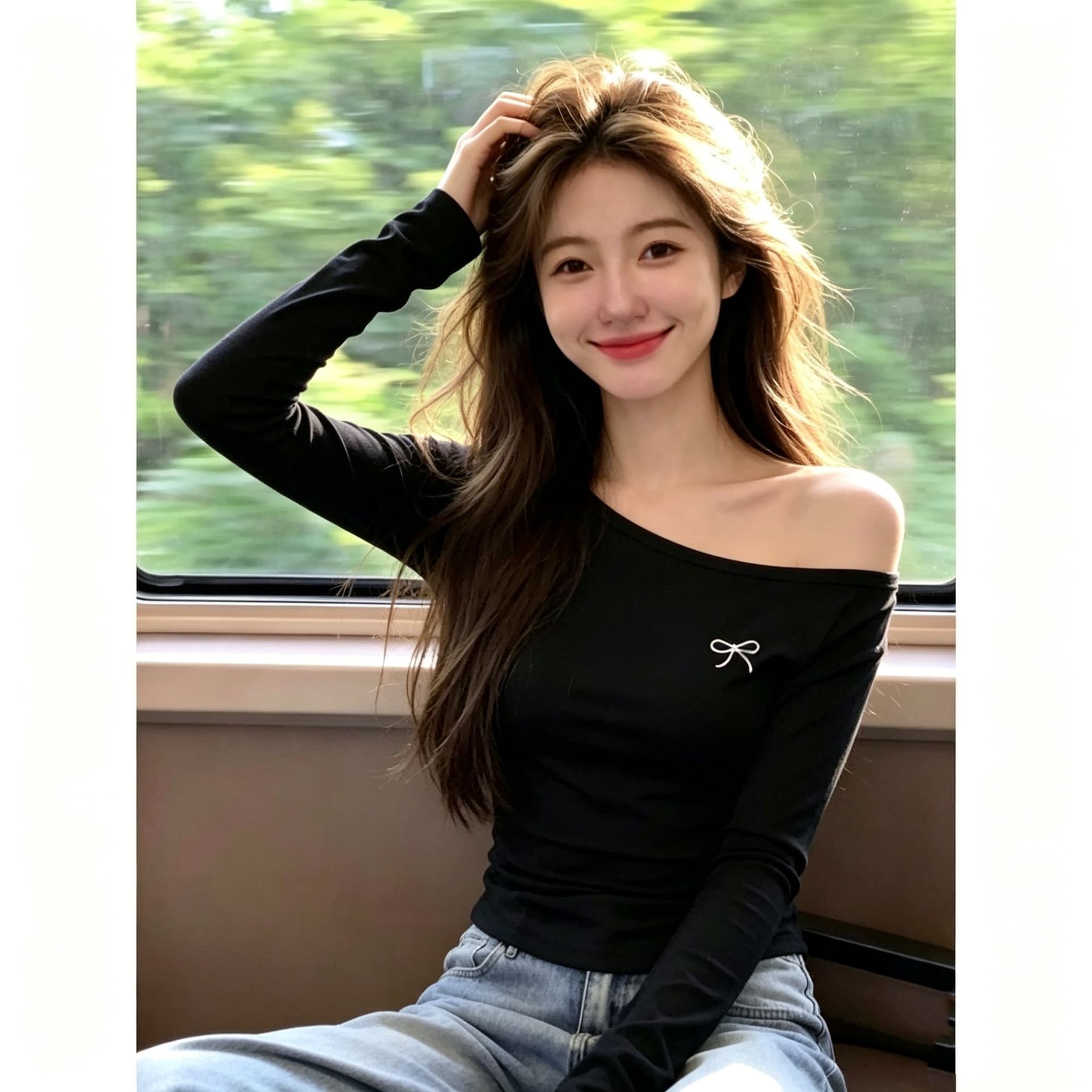 92 면 8 암모니아 Lun 순수한 욕망 자수 비스듬한 어깨 이슬 쇄골 긴팔 티셔츠 여성 가을 핫걸 허리 수축 펌프 Pleat 기본 셔츠 맨위 이미지 4