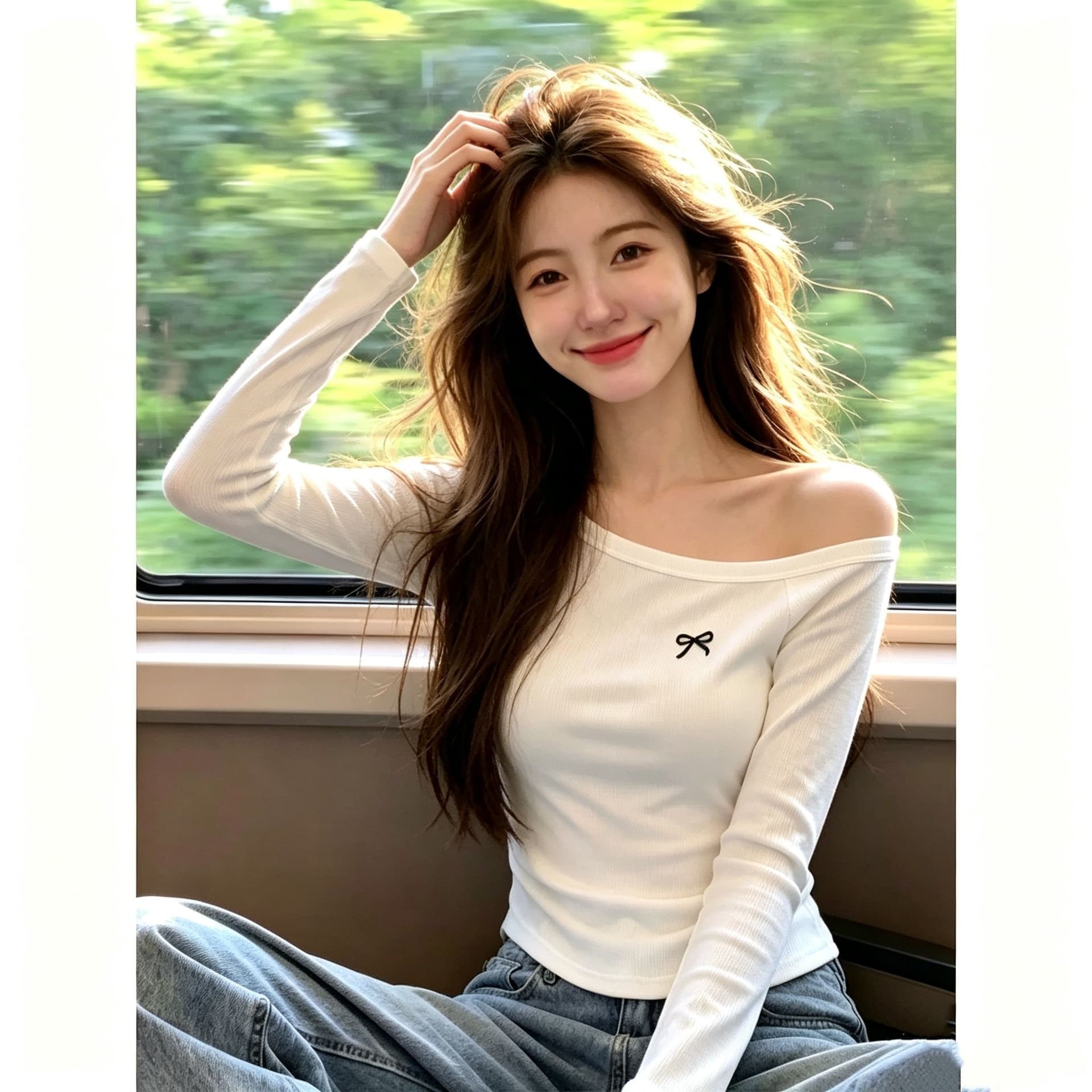 92 면 8 암모니아 Lun 순수한 욕망 자수 비스듬한 어깨 이슬 쇄골 긴팔 티셔츠 여성 가을 핫걸 허리 수축 펌프 Pleat 기본 셔츠 맨위 이미지 3