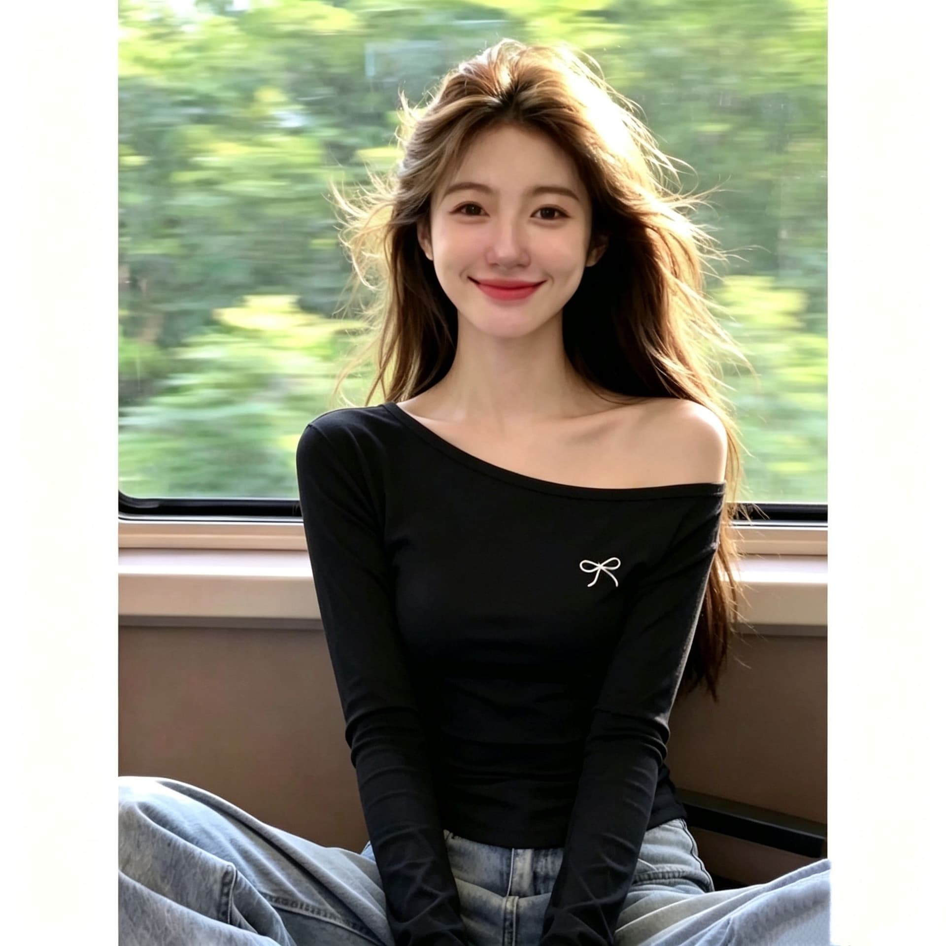 92 면 8 암모니아 Lun 순수한 욕망 자수 비스듬한 어깨 이슬 쇄골 긴팔 티셔츠 여성 가을 핫걸 허리 수축 펌프 Pleat 기본 셔츠 맨위 상세 이미지 4