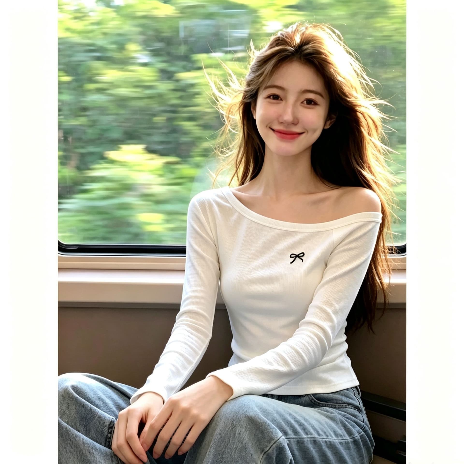 92 면 8 암모니아 Lun 순수한 욕망 자수 비스듬한 어깨 이슬 쇄골 긴팔 티셔츠 여성 가을 핫걸 허리 수축 펌프 Pleat 기본 셔츠 맨위 상세 이미지 5