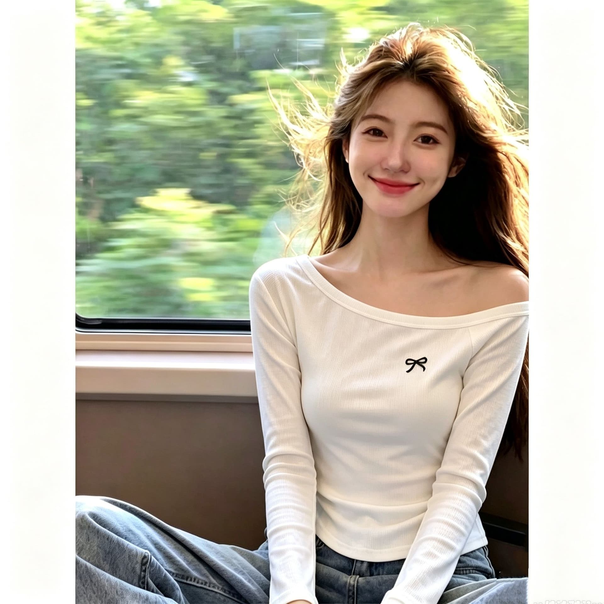92 면 8 암모니아 Lun 순수한 욕망 자수 비스듬한 어깨 이슬 쇄골 긴팔 티셔츠 여성 가을 핫걸 허리 수축 펌프 Pleat 기본 셔츠 맨위 상세 이미지 7