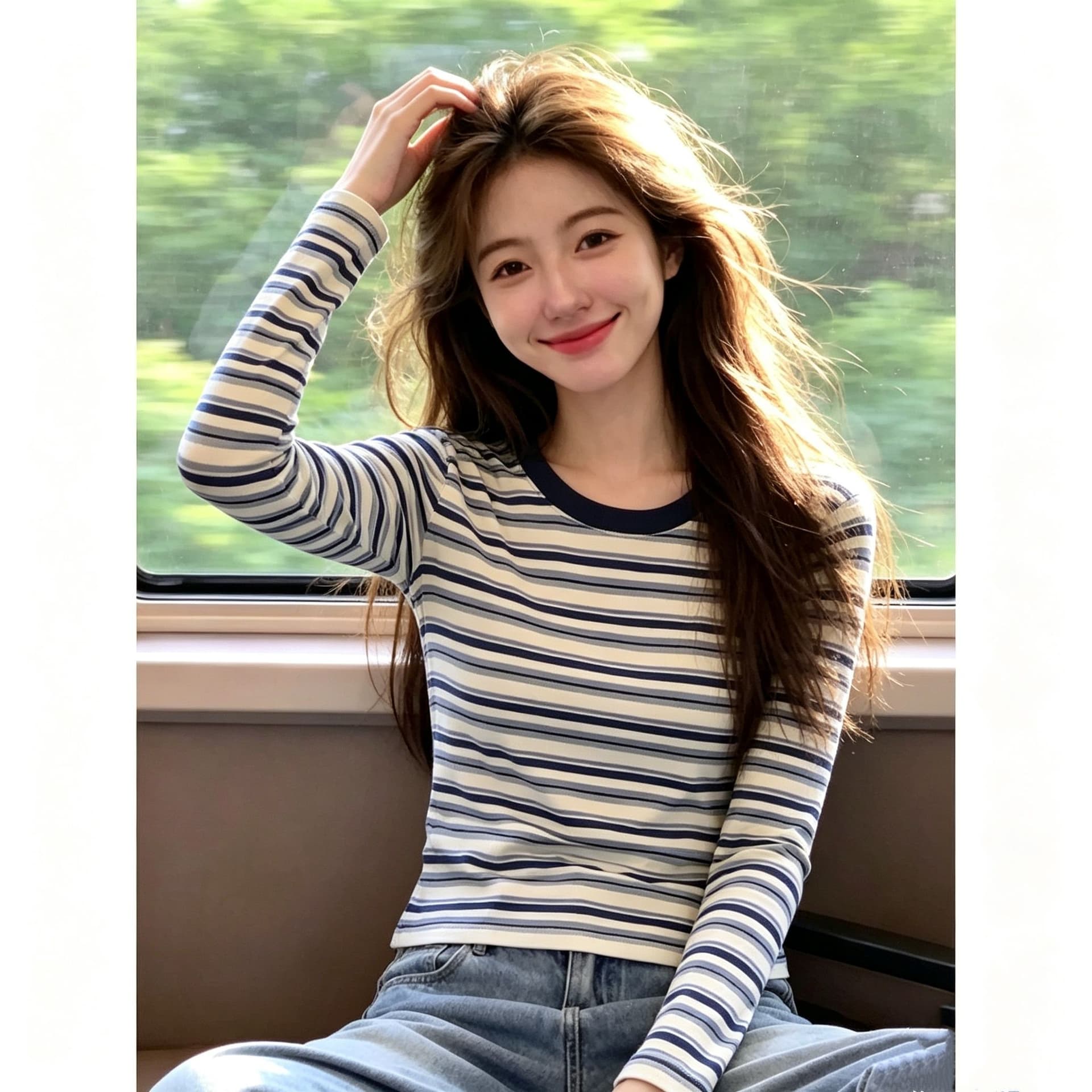 한국 스타일 새로운 핫걸 스트라이프 패치워크 색상 긍정적 인 어깨 긴팔 티셔츠 여성 가을 몸매 가꾸기 다용도 기본 셔츠 맨위 이미지 3