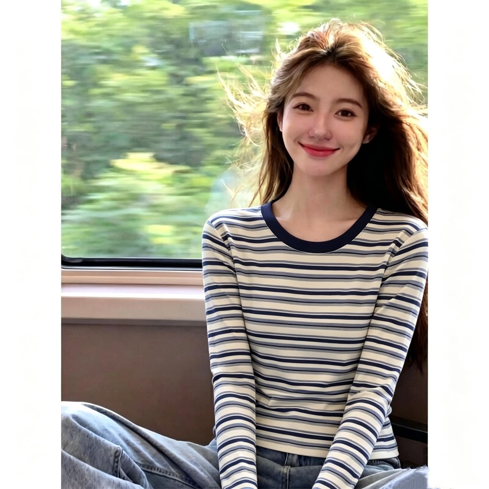 한국 스타일 새로운 핫걸 스트라이프 패치워크 색상 긍정적 인 어깨 긴팔 티셔츠 여성 가을 몸매 가꾸기 다용도 기본 셔츠 맨위 상세 이미지 2