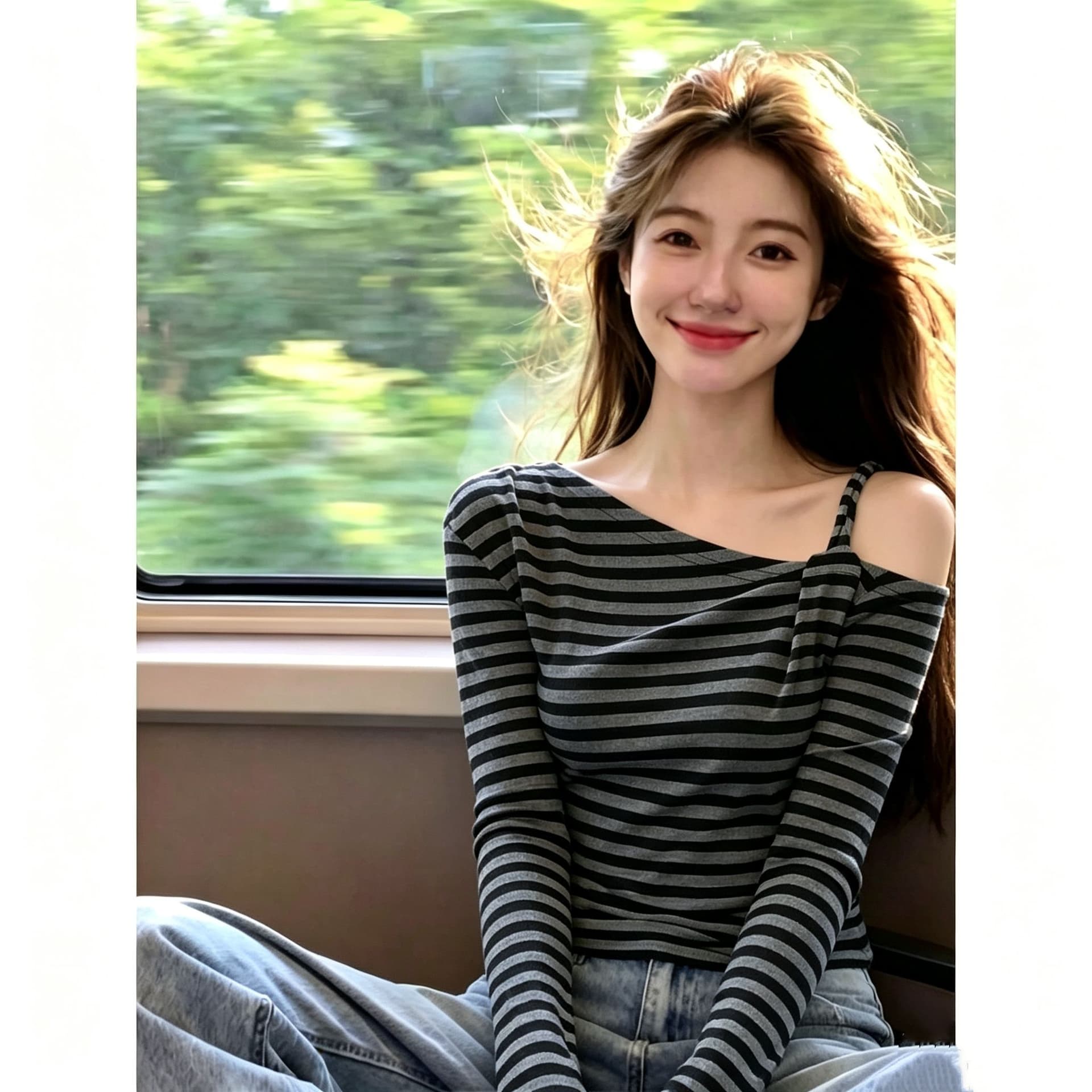 핫걸 순수한 욕망 바람 디자인 센스 스트라이프 비스듬한 어깨 슬립 긴팔 티셔츠 여성 가을 한국 스타일 몸매 가꾸기 기본 셔츠 맨위 이미지 5
