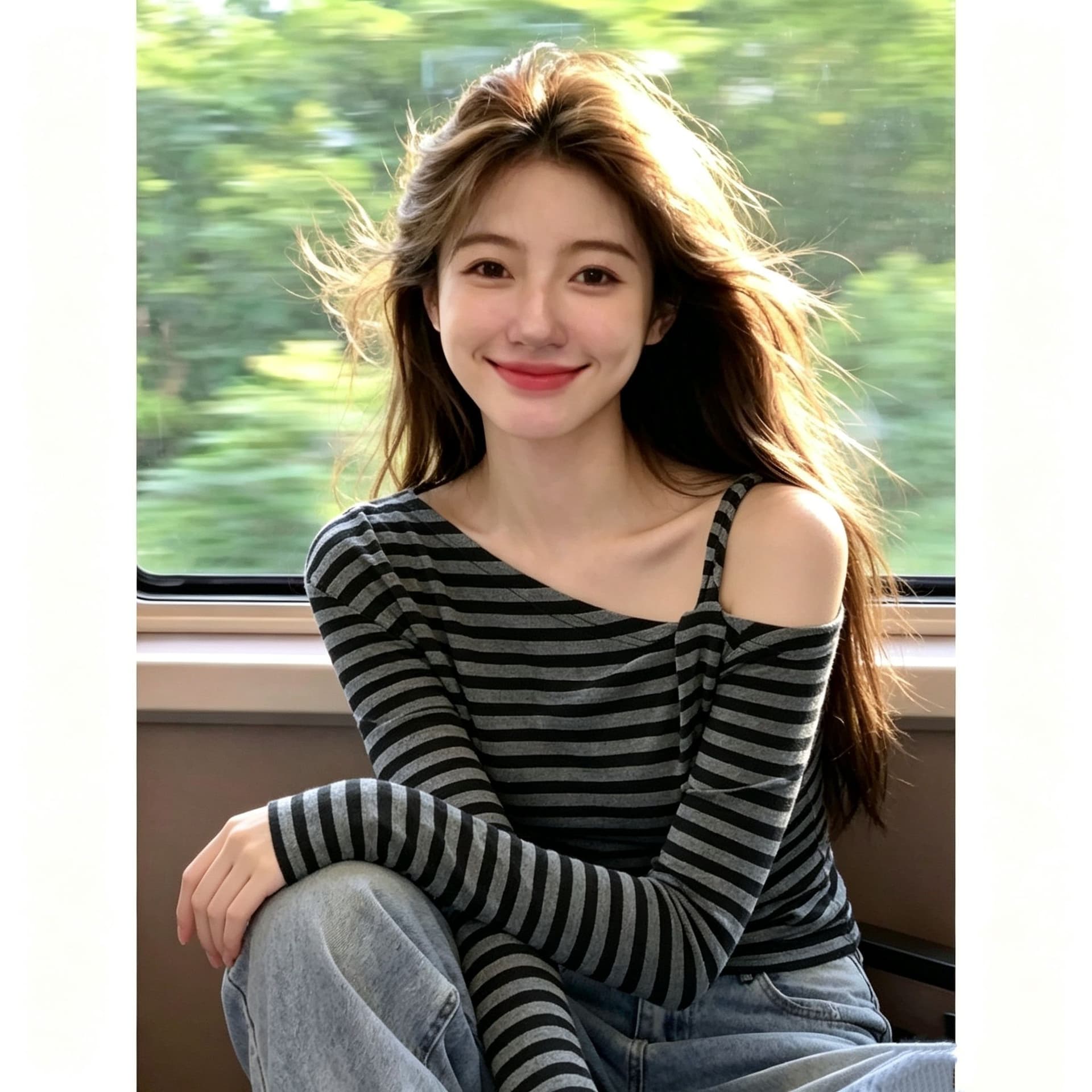 핫걸 순수한 욕망 바람 디자인 센스 스트라이프 비스듬한 어깨 슬립 긴팔 티셔츠 여성 가을 한국 스타일 몸매 가꾸기 기본 셔츠 맨위 상세 이미지 4