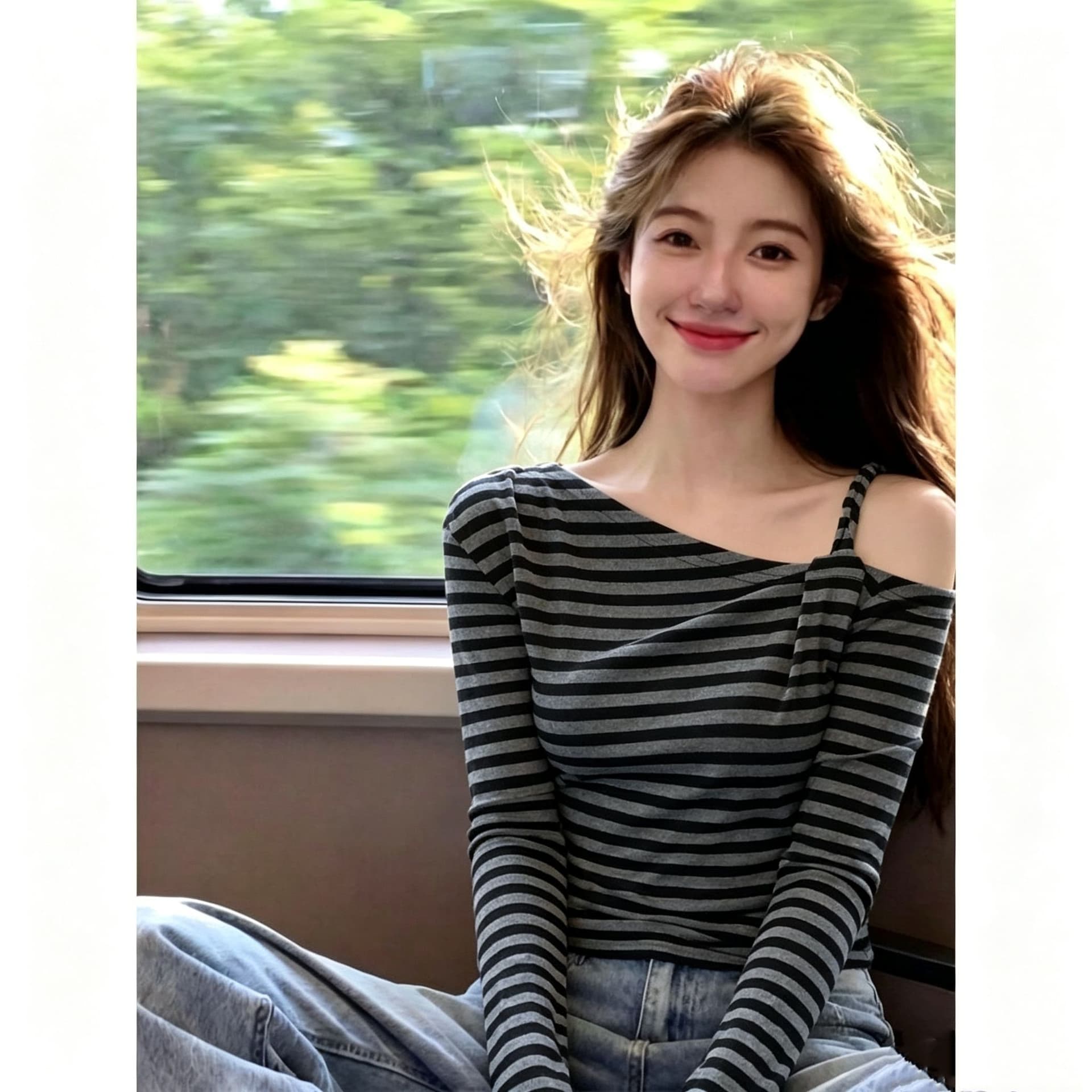 핫걸 순수한 욕망 바람 디자인 센스 스트라이프 비스듬한 어깨 슬립 긴팔 티셔츠 여성 가을 한국 스타일 몸매 가꾸기 기본 셔츠 맨위 상세 이미지 6