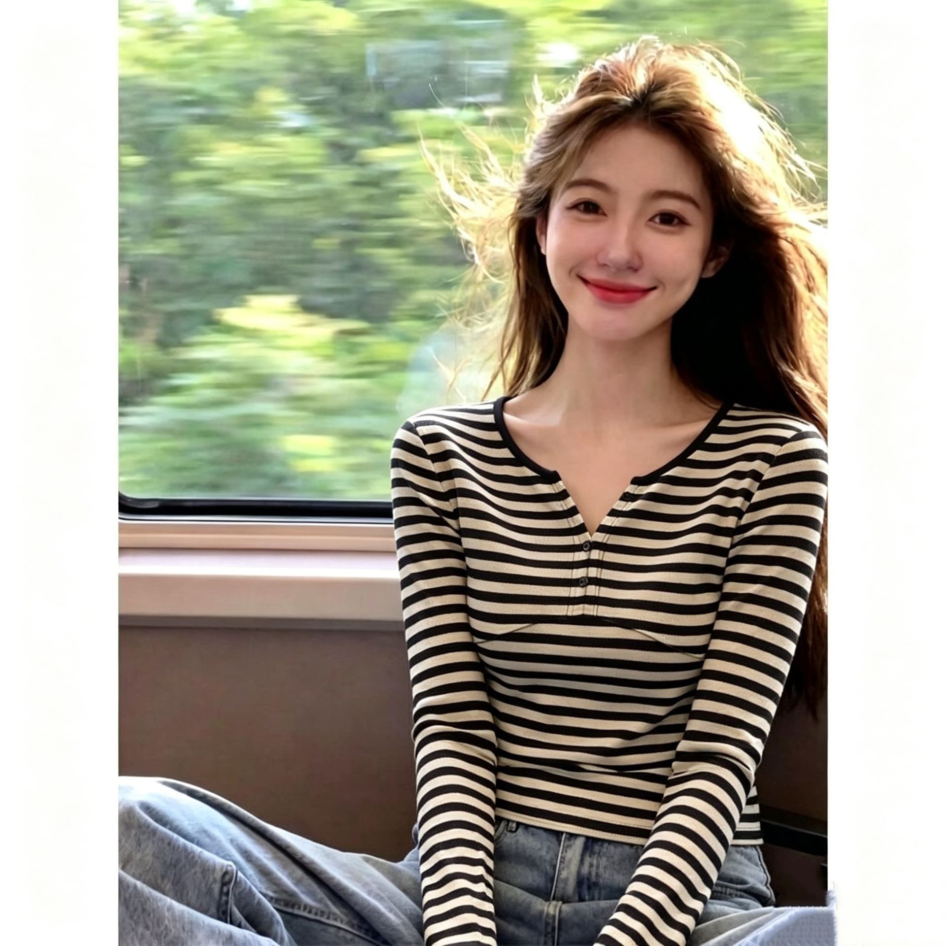 한국 스타일 새로운 배색 스트라이프 V넥 긍정적 인 어깨 긴팔 티셔츠 여성 가을 기본 셔츠 몸매 가꾸기 핫걸 맨위