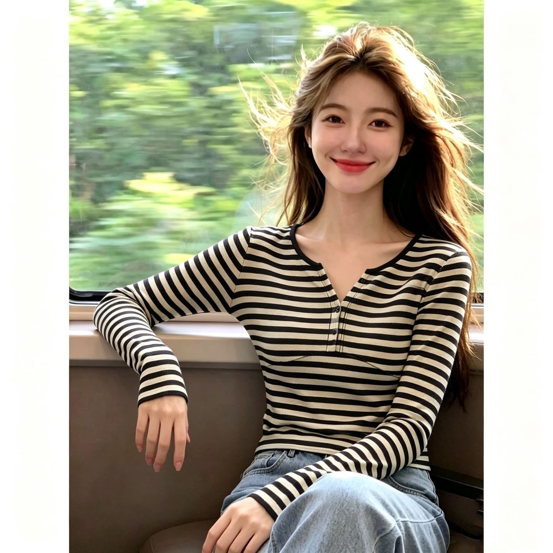 한국 스타일 새로운 배색 스트라이프 V넥 긍정적 인 어깨 긴팔 티셔츠 여성 가을 기본 셔츠 몸매 가꾸기 핫걸 맨위 이미지 2