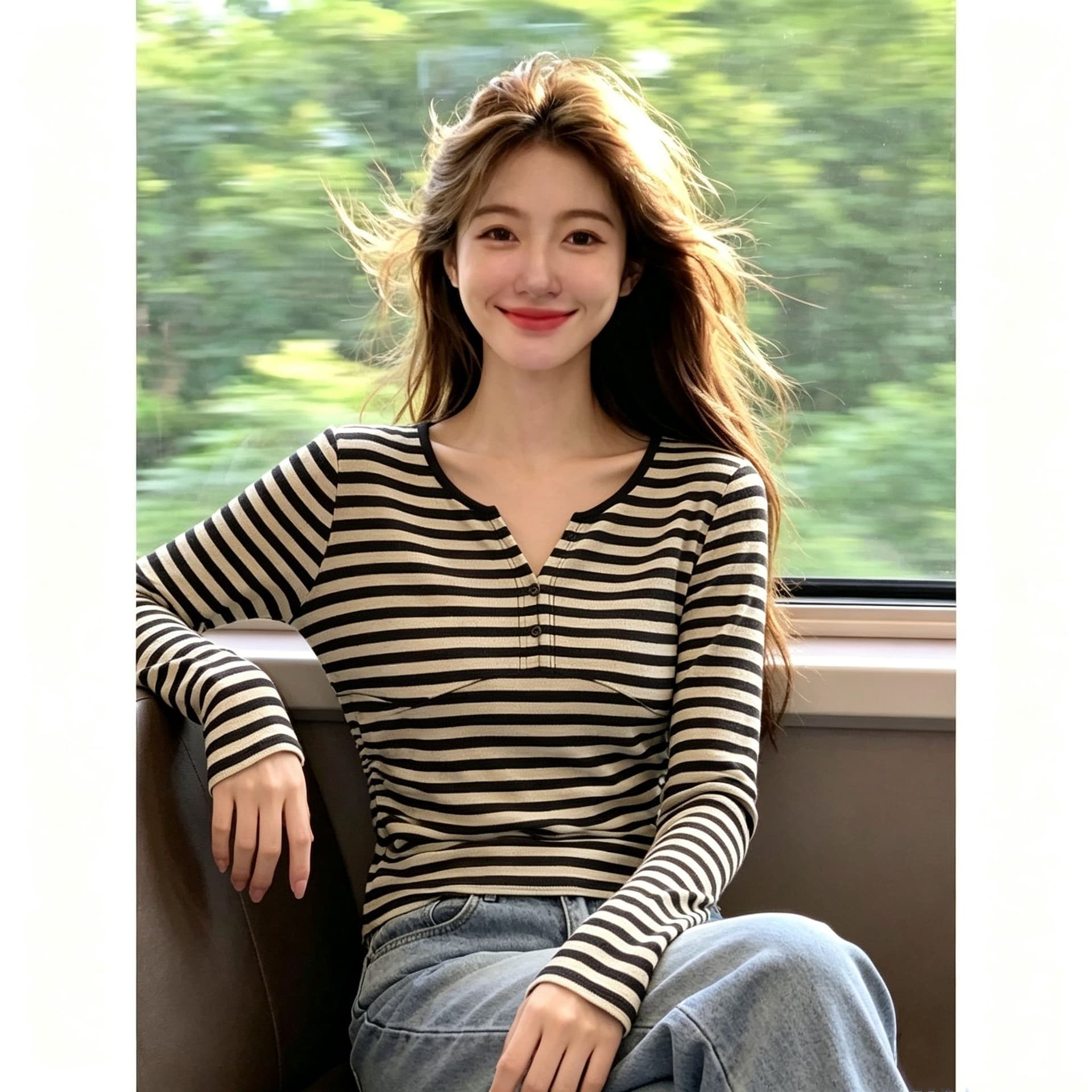 한국 스타일 새로운 배색 스트라이프 V넥 긍정적 인 어깨 긴팔 티셔츠 여성 가을 기본 셔츠 몸매 가꾸기 핫걸 맨위 이미지 4